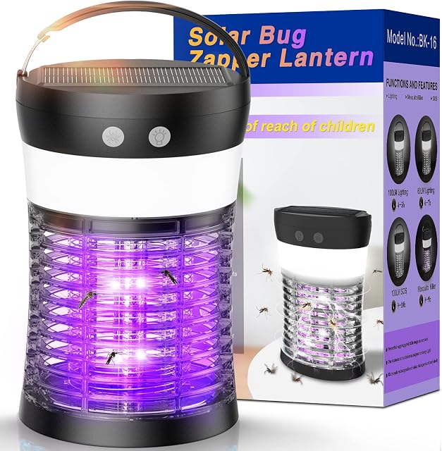 Zenoplige Bug Zapper, Solar Mosquito Killer Lamp Camping Lights USB Rechargeable Fly Zapper Outdoor Indoor Night Light (Black)
