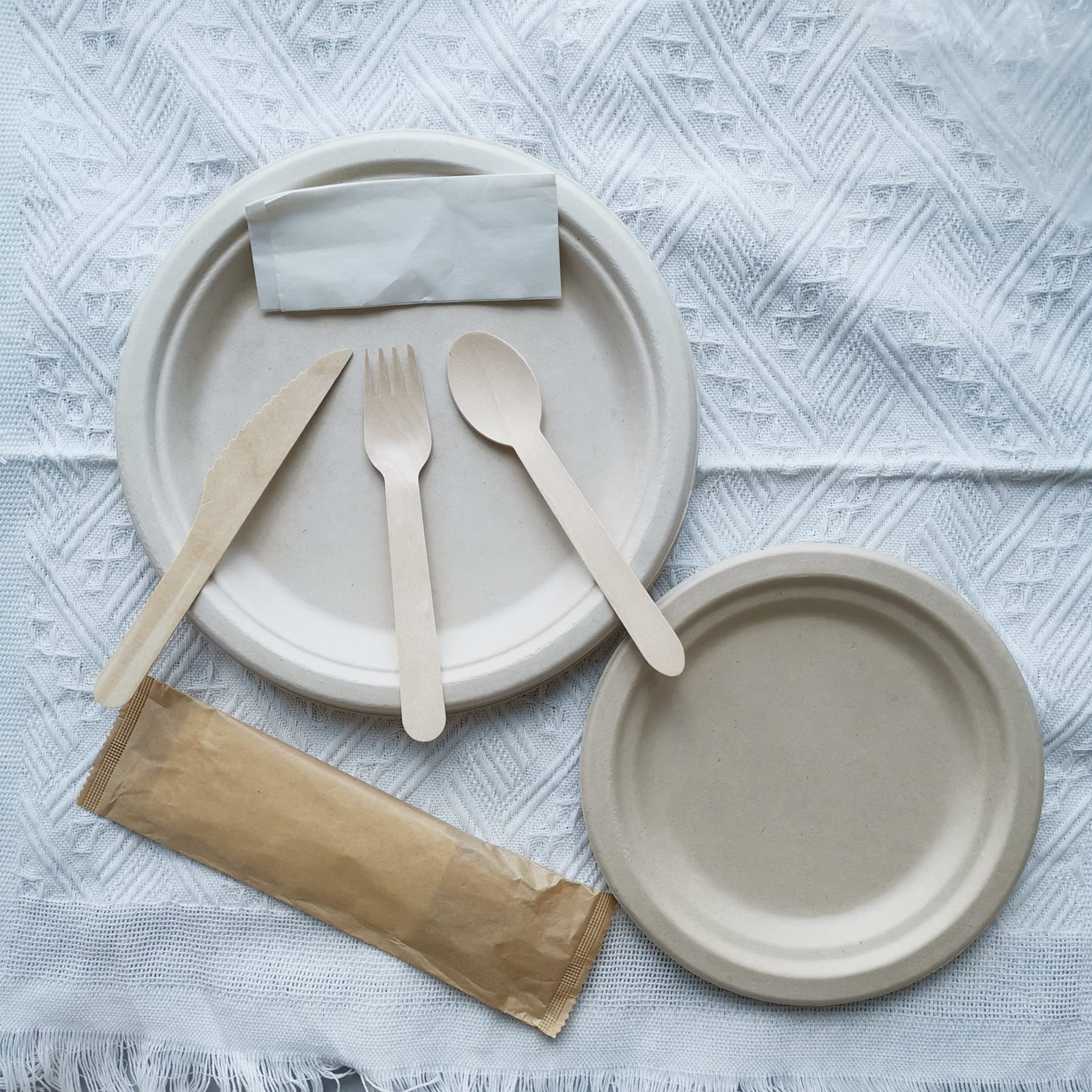 Assiettes et couverts en carton biodégradables jetables compostables en bagasse de canne à sucre, comprenant des plats de 7'' et 9'', fourchettes, couteaux et cuillères, barbecue, camping
