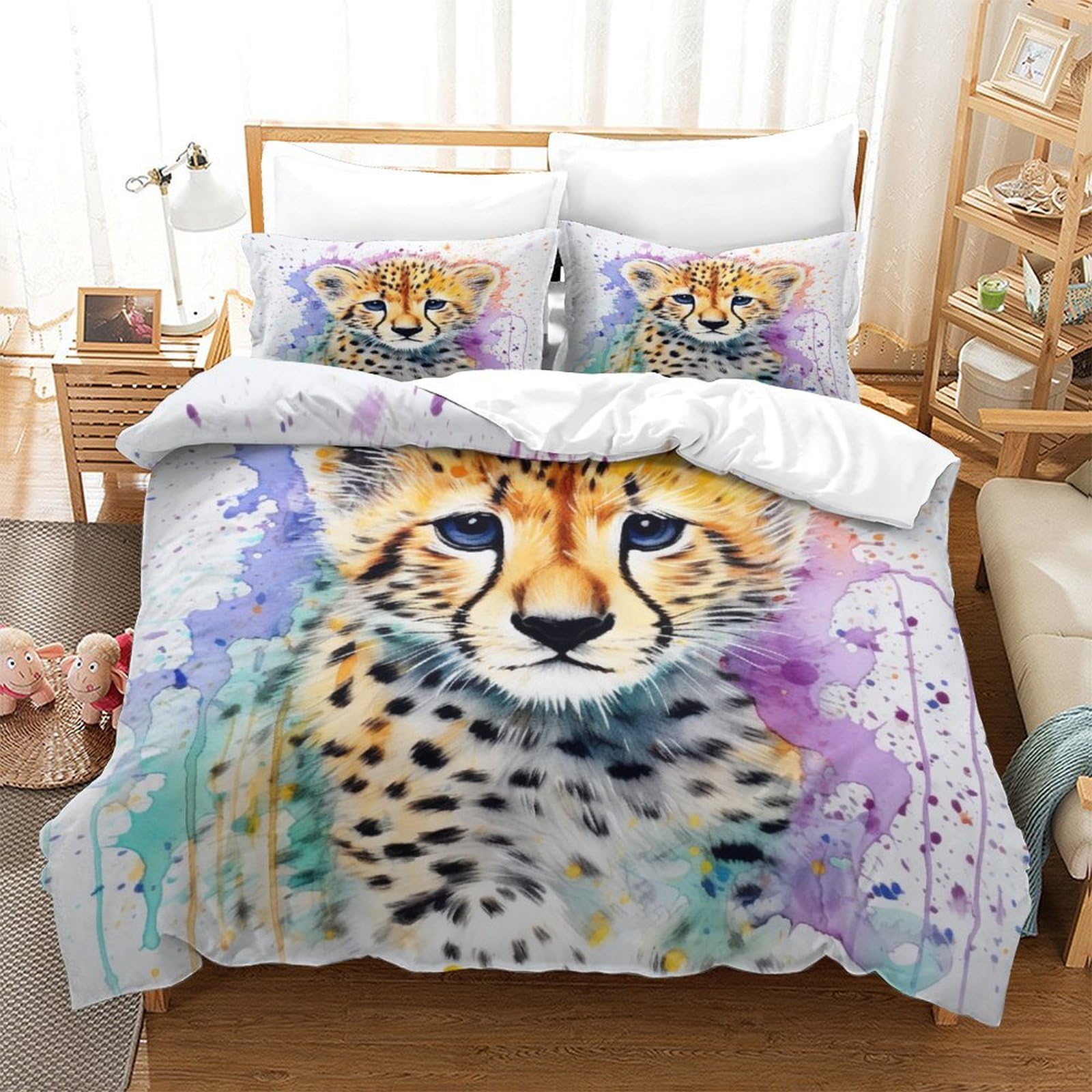 P1S9U7W5Y Watercolor Cheetah 3D Printed 3 Piece Duvet Cover Microfiber Animal Bedroom Decor Cheetah Bedding Set for Adults Teens Home Double（200x200cm）