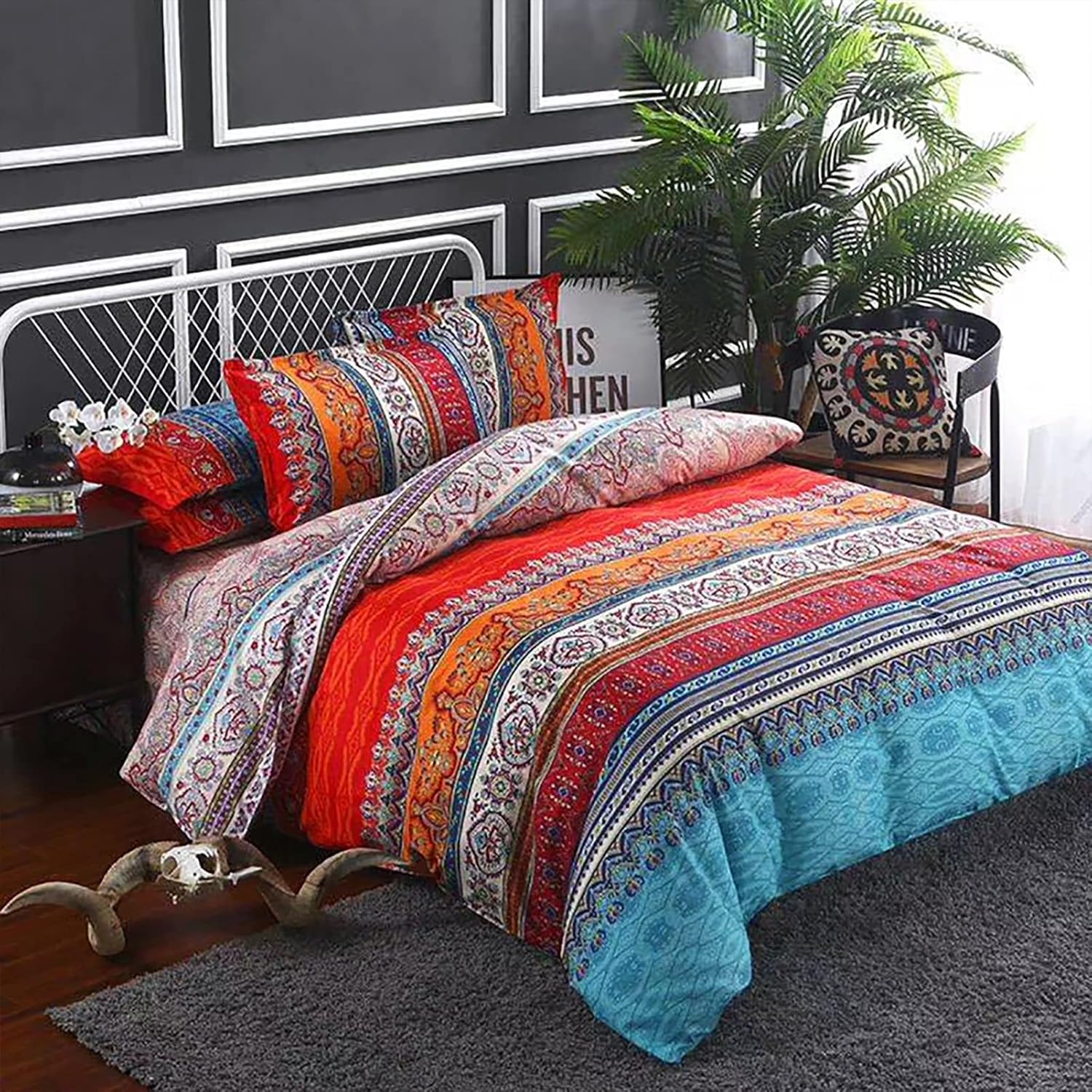 Bohemian Duvet Cover Queen Retro Boho Floral Comforter Cover Set 3 Piece Indian Ethnic Style