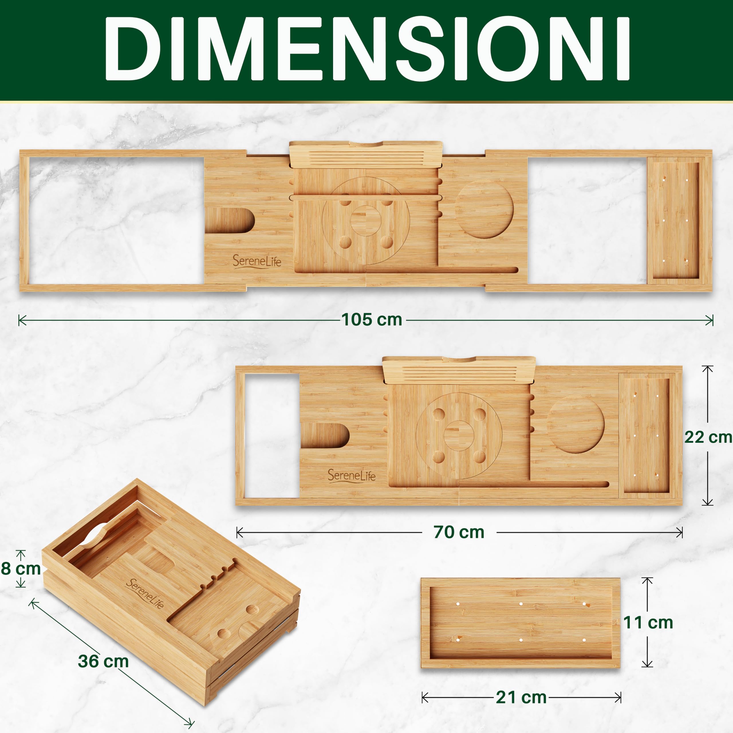 SereneLife Portaoggetti Bagno in Bambù con Design Pieghevole e Bloccabile, Espandibile da 76 Centimetri a 109 Centimetri, Facile da Riporre, Cerniere Pieghevoli