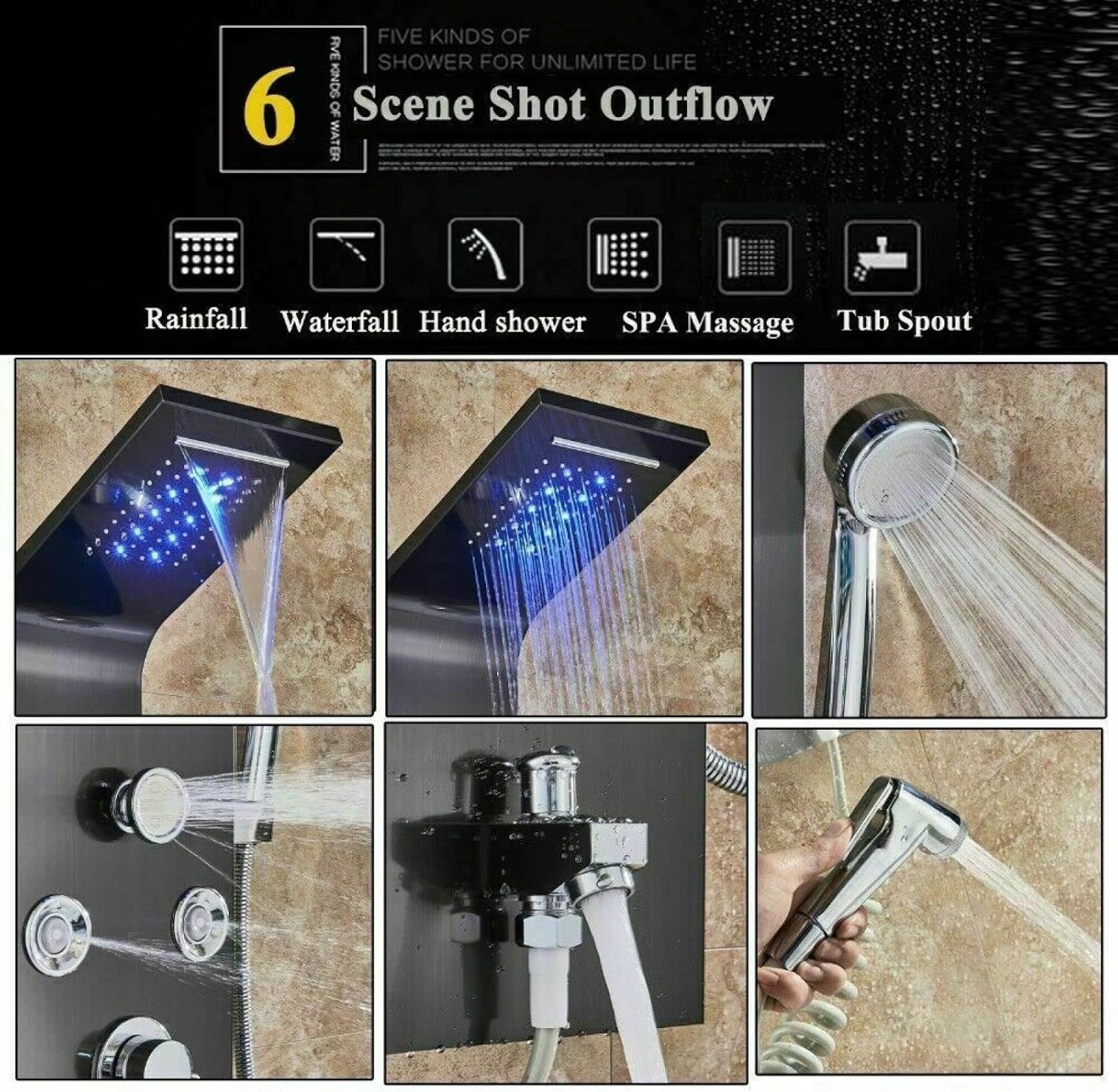LED Shower Panel Tower System Stainless Steel rain Waterfall Massage Nozzle Black Shower Column