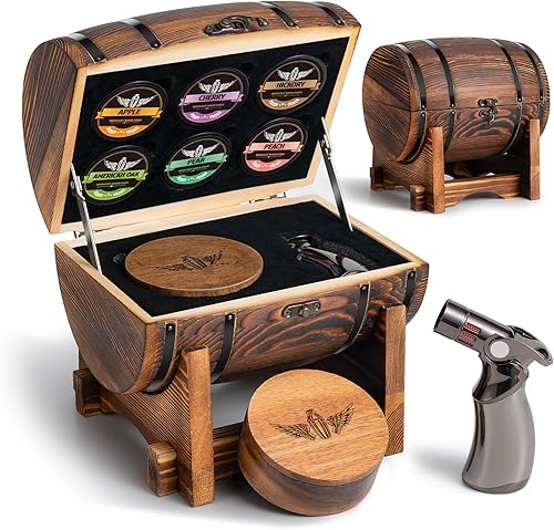 Kit de ahumador de whisky con barril de madera carbonizada (patente pendiente) Ahumador de cóctel con antorcha y 6 virutas de madera de primera