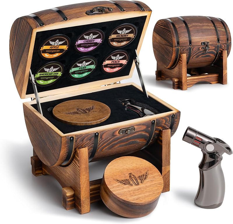 INSISART Whiskey Smoker Kit, Old fashioned Smoker Kit with Barrel, Charred | Patent Pending, with torch and 6 wood chips, Smoke infuser for cocktails and bourbon, Whiskey Gifts for Men,Dad(NO Butane)