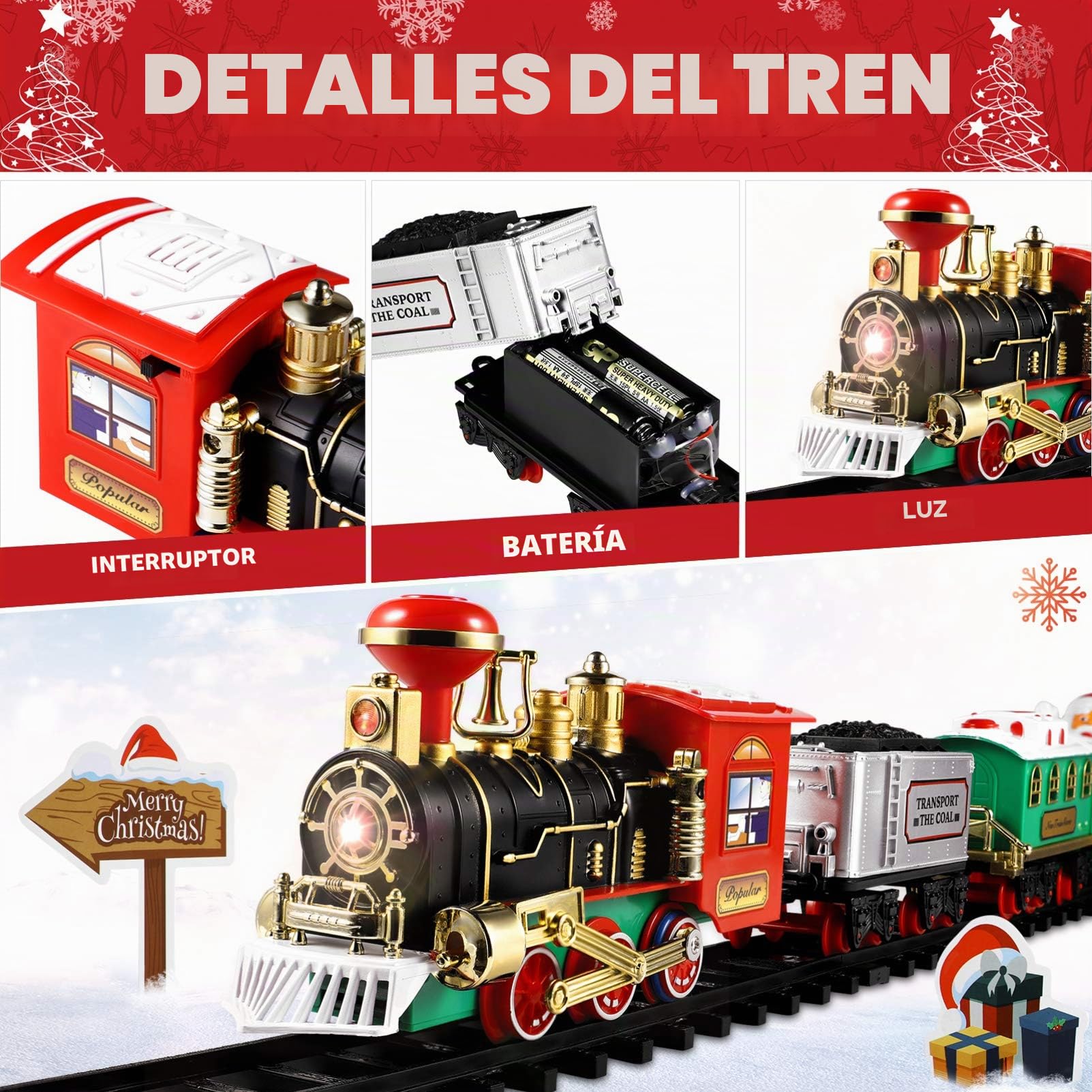 TOYANDONA Juego de Juguetes de Tren Navideño Juego de Tren de Juguete Que Funciona con Pilas con Luz Y Sonido Incluye Carro Carbón Vías Santa Claus Árbol de Navidad Adhesivo Decorativo