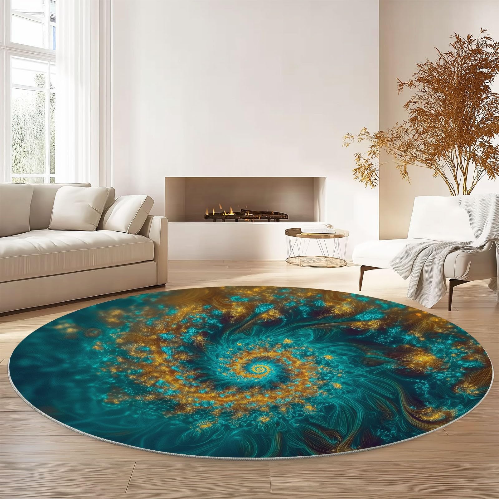 Tappeto Rotondo con vortici psichedelici, Tappeto Grande per Soggiorno, Lavabile e Antiscivolo, Diametro 120 cm, Turchese, Tappetino Decorativo per Camera da Letto, tappeti per la