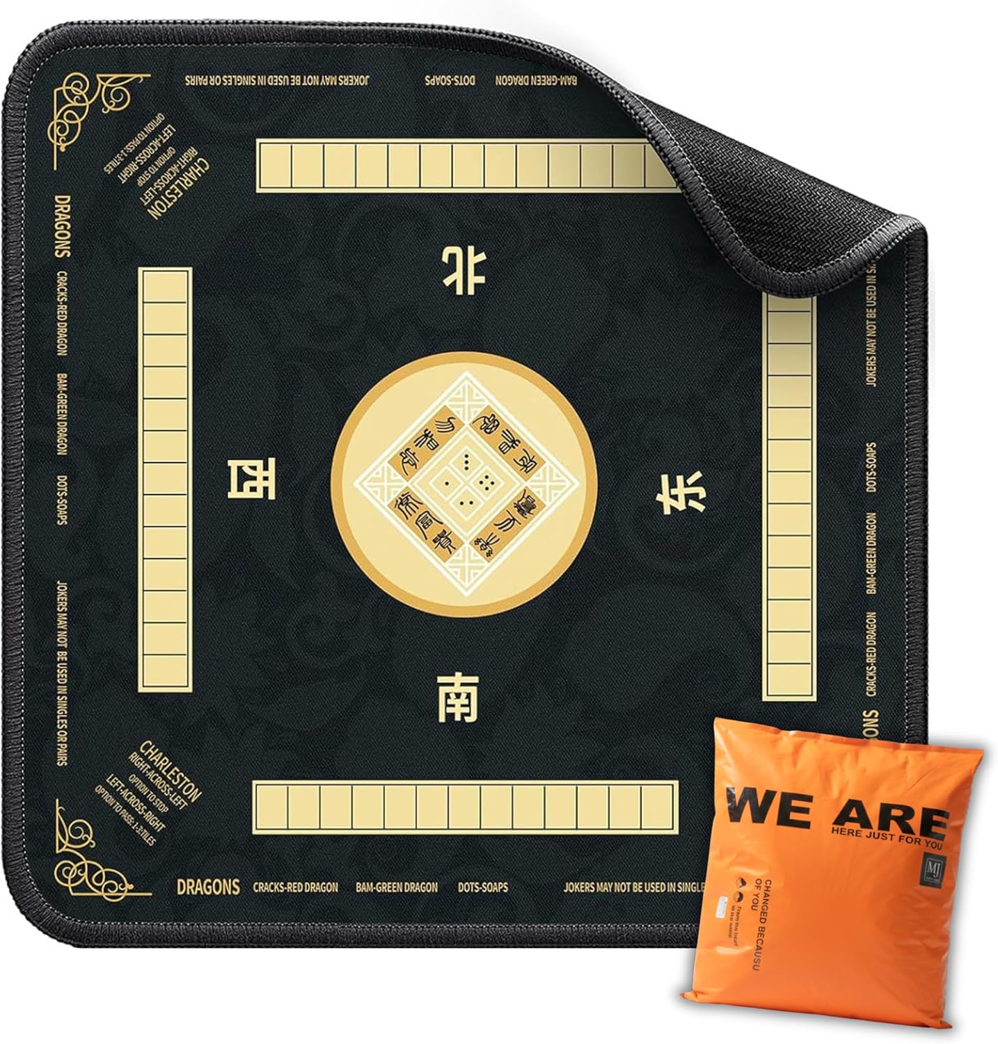 Silent Mahjong Mat for table with rules 31.5" Neoprene Noise Reducing Table Cover for Late-Night Gaming - Thick Non-Slip Rubber Square Poker Pad for Glass Table Protection & Apartments Black