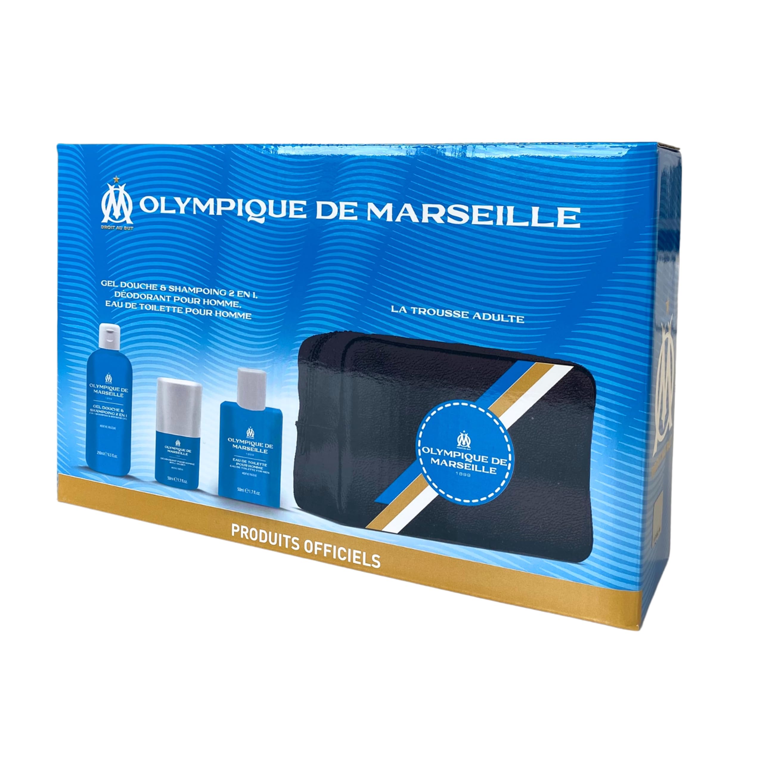OLYMPIQUE DE MARSEILLE Coffret Cadeau OM Homme, Trousse de Toilette avec Gel Douche 250ml, Déodorant 50ml, Eau de Toilette 50ml