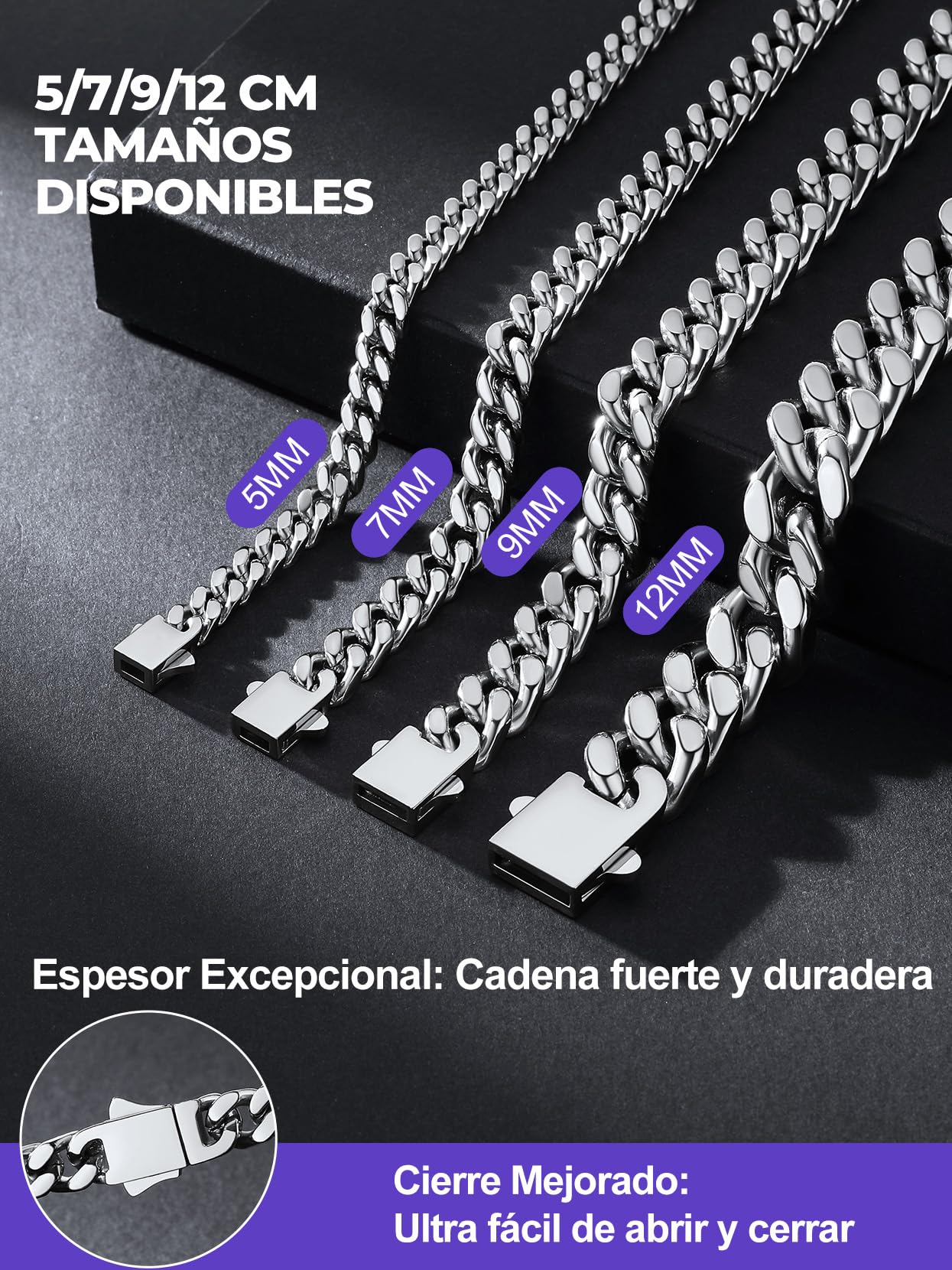 Richsteel Cadena Cubana Collar Hombre Acero Inoxidable 5mm/7mm/9mm/12mm Ancho Cadenas Eslabones Cubanos con Cierre de Presión Joyas de Hombres Mujeres 46cm-76cm Disponible