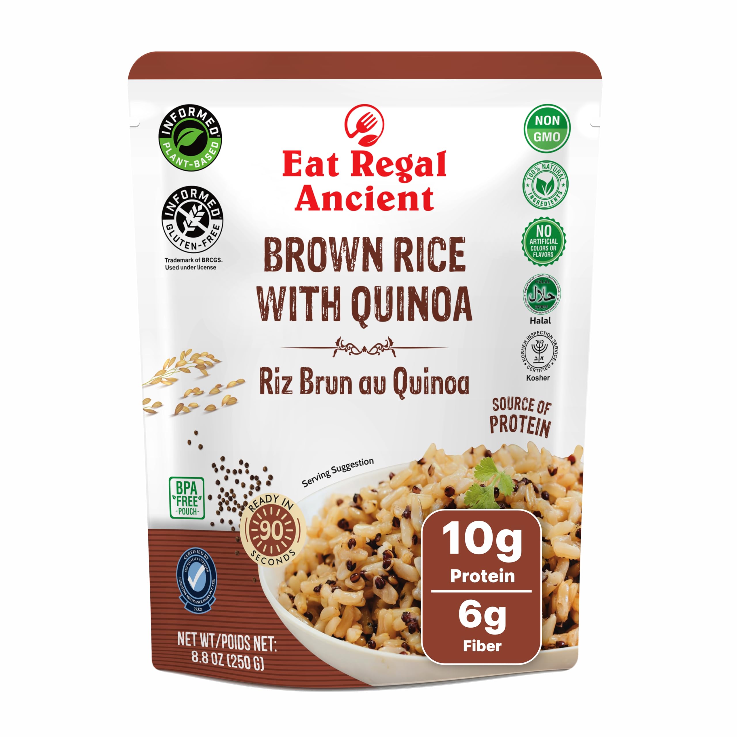 Eat Regal Brown Rice with Quinoa, Nutty & Wholesome, Always Fluffy, No Clump & No Kneading, Ready in 1.5 Minutes, 10g Protein 6g Fiber, Vegan Gluten-Free Non-GMO, 8.8 oz Pack of 6