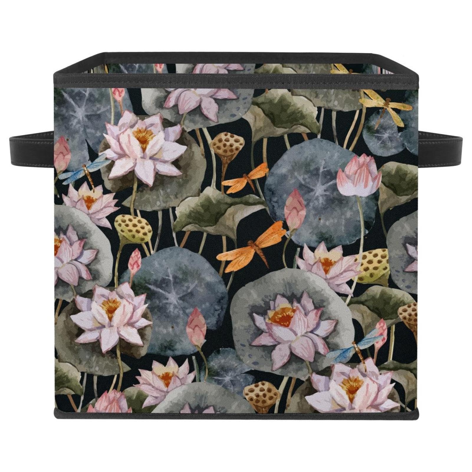 Cube de rangement en tissu avec motif rose lotus peint à la main
