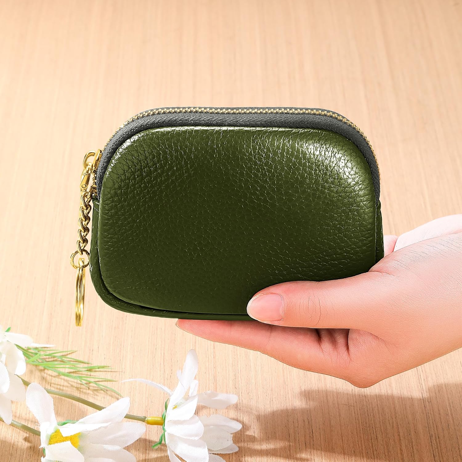 Genuine Leather Coin Purse, Small Change Purse Keychain Wallet for Women, Mini Coin Pouch with Zipper, Green - Image 2