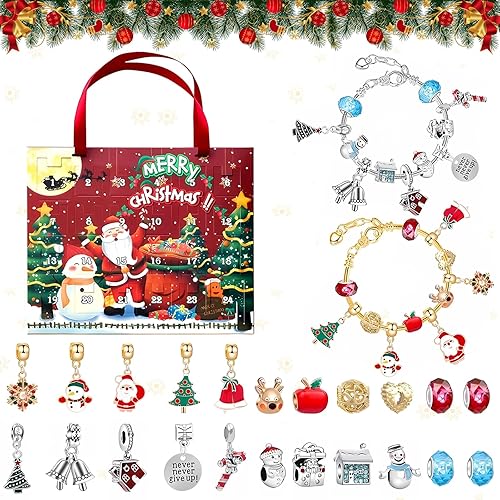 Charm Bracelet Advent Calendar 2023, 22 Charms Beads+2 Bracelets Advent Calendar Charm Bracelet, DIY Ideas Christmas Ornaments Advent Calendar Bracelet, Advent Calendar for Girls and Kids, 24 PCS (A)