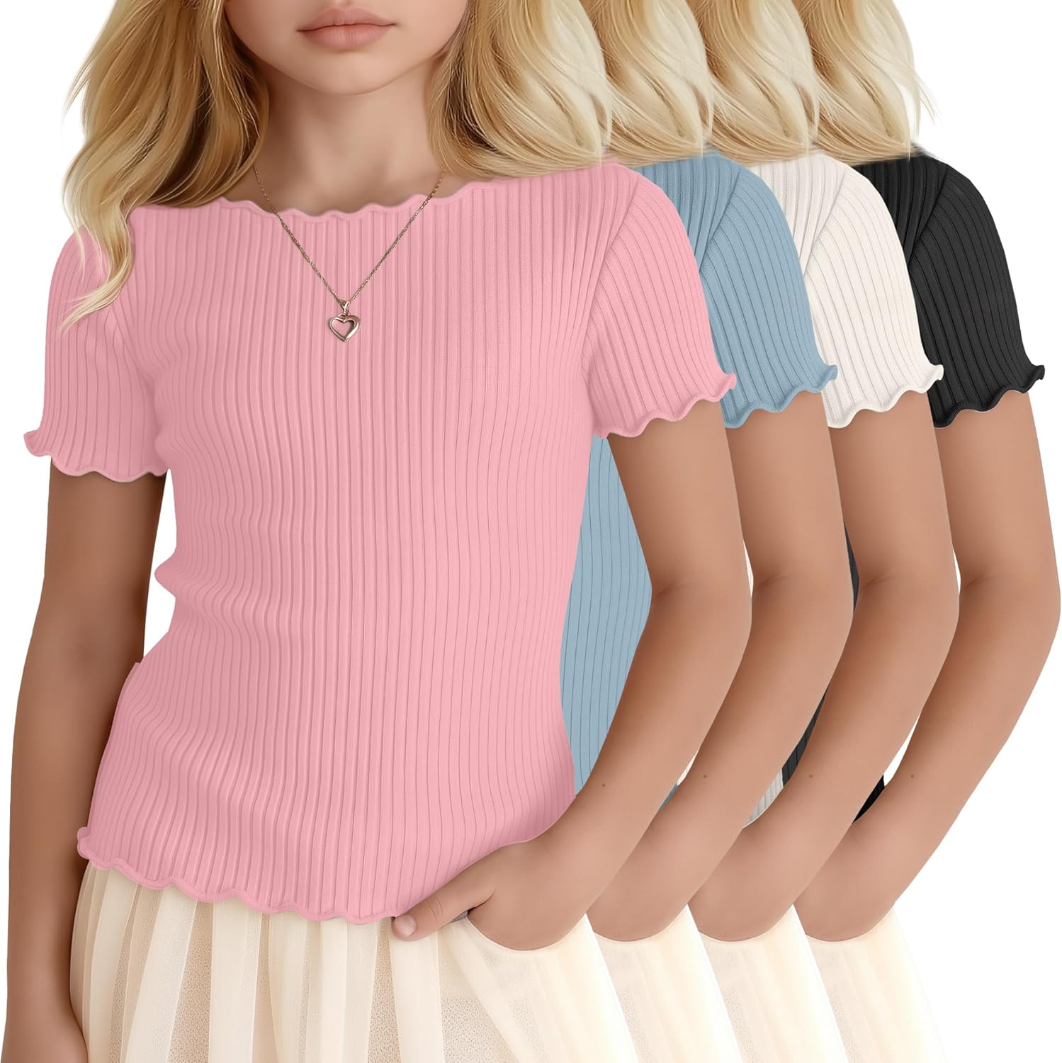 Halfchet 4 Packs Girls' Short Sleeve T-Shirts Ribbed Knit Lettuce Trim Boat Neck Tops Slim Fitted Summer Casual Basic Tees