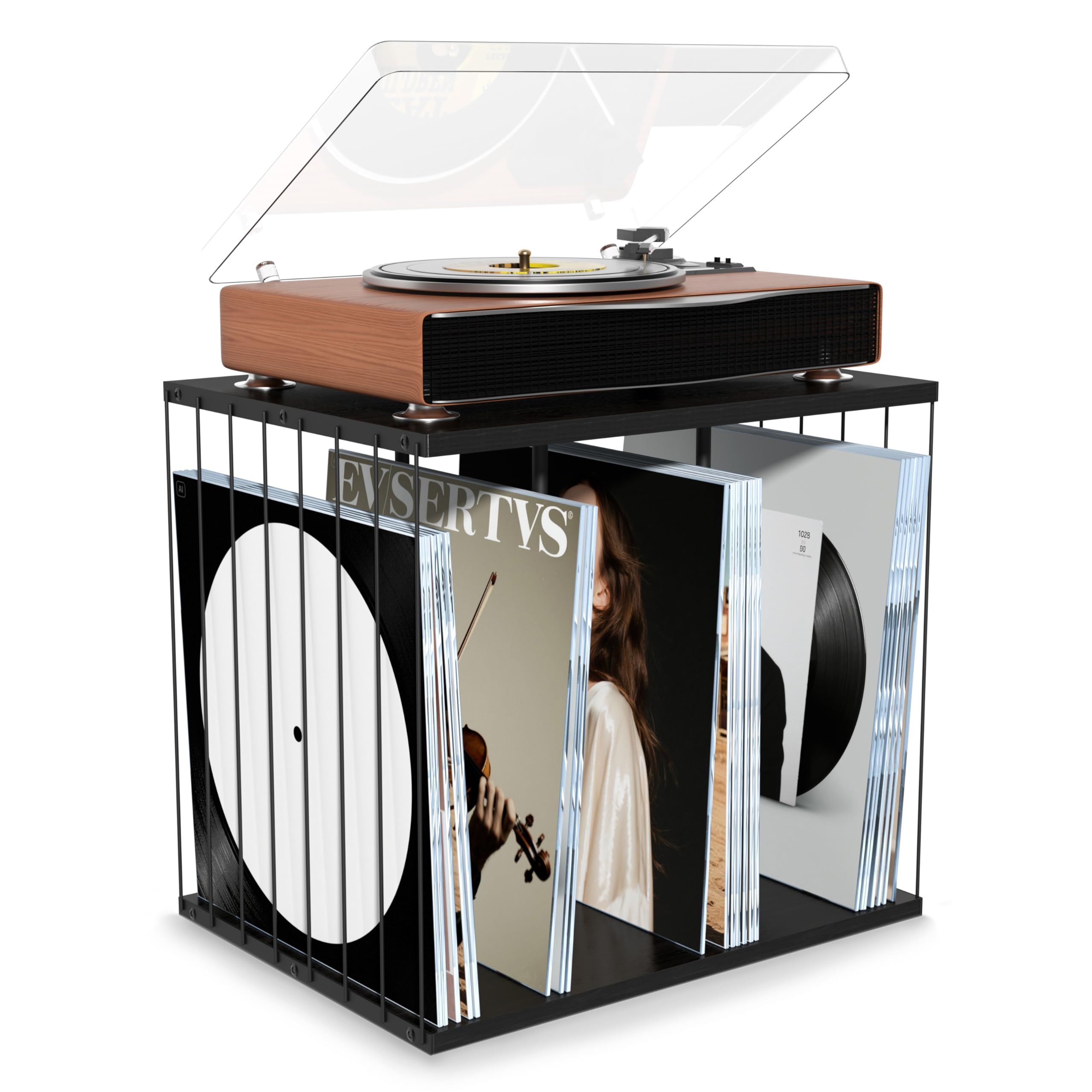 Scatola in vinile con supporto in legno, stile vintage, multifunzione, con 3 scomparti, giradischi in vinile stand fino a 100 album per soggiorno ufficio (nero)