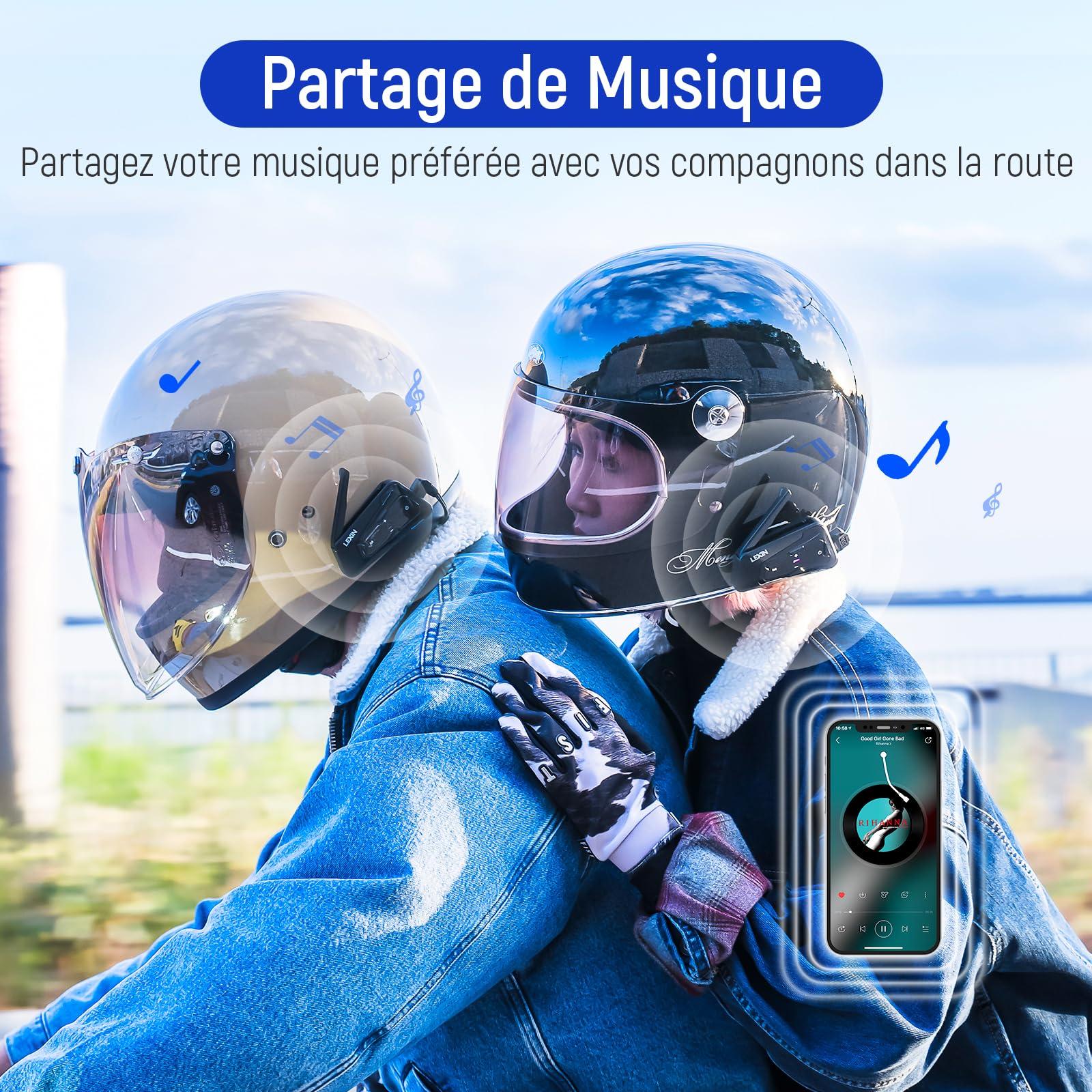 LEXIN MeshCom Intercom Moto de Mesh 3.0 & Bluetooth 5.1, pour 1-24 Motards | Multitâche-Audio, Partage de Musique, 1000mAh Batterie, 40mm Haut-parleur, Assistant Vocal, Interphone pour Moto/Motoneige