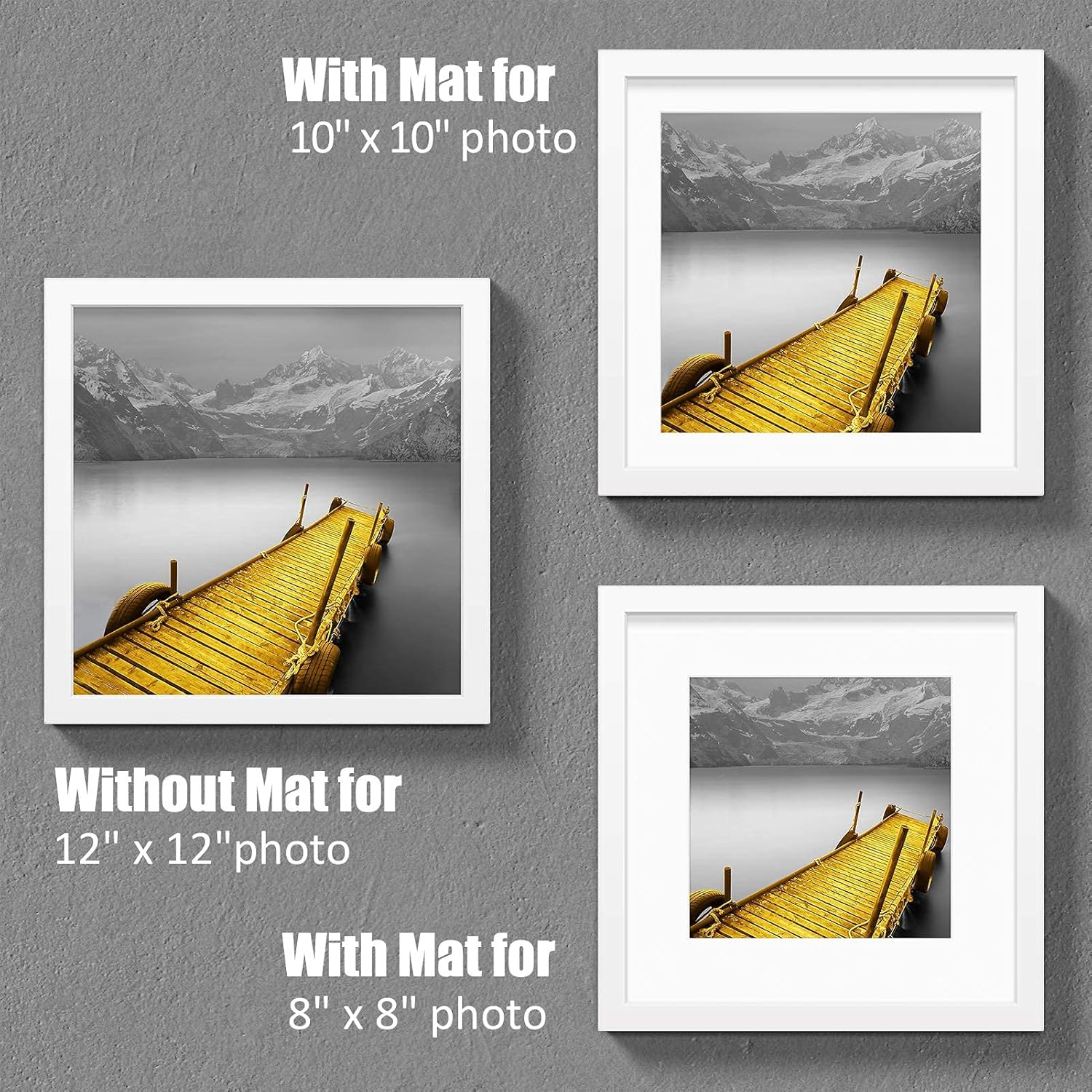 12x12 Picture Frames White Made of Solid Wood Display Pictures 10x10 or 8x8 with Mat or 12x12 without Mat - Each 12x12 Inch Square Photo Frames with 2 Mats Wooden for Wall or Tabletop Mount, Set of 2