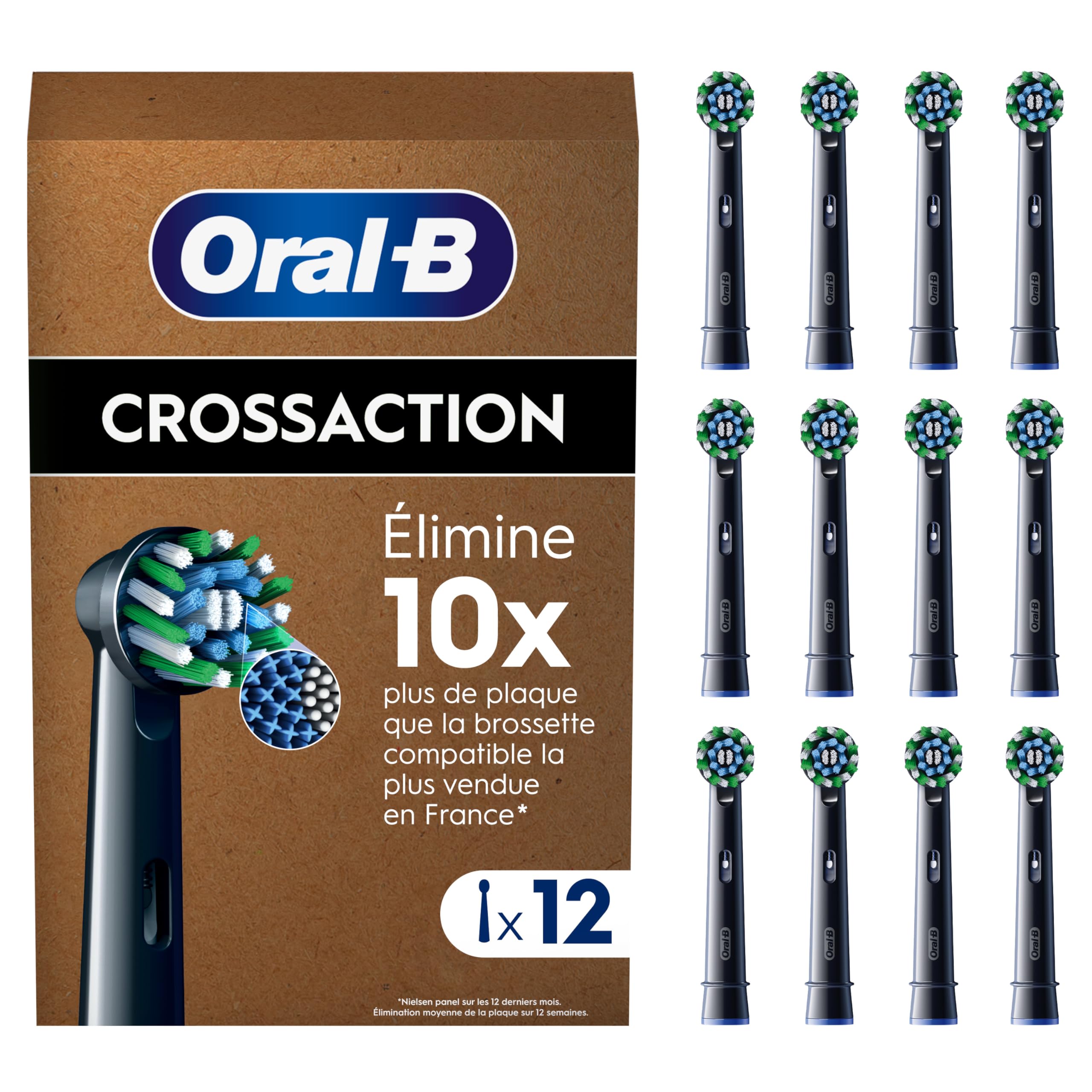 Oral-B Brossettes de Rechange Cross Action, lot de 12, Noires – Recharges Brosse à Dents Électrique Pro, Filaments pour Eliminer la Plaque Dentaire, Emballage en Carton
