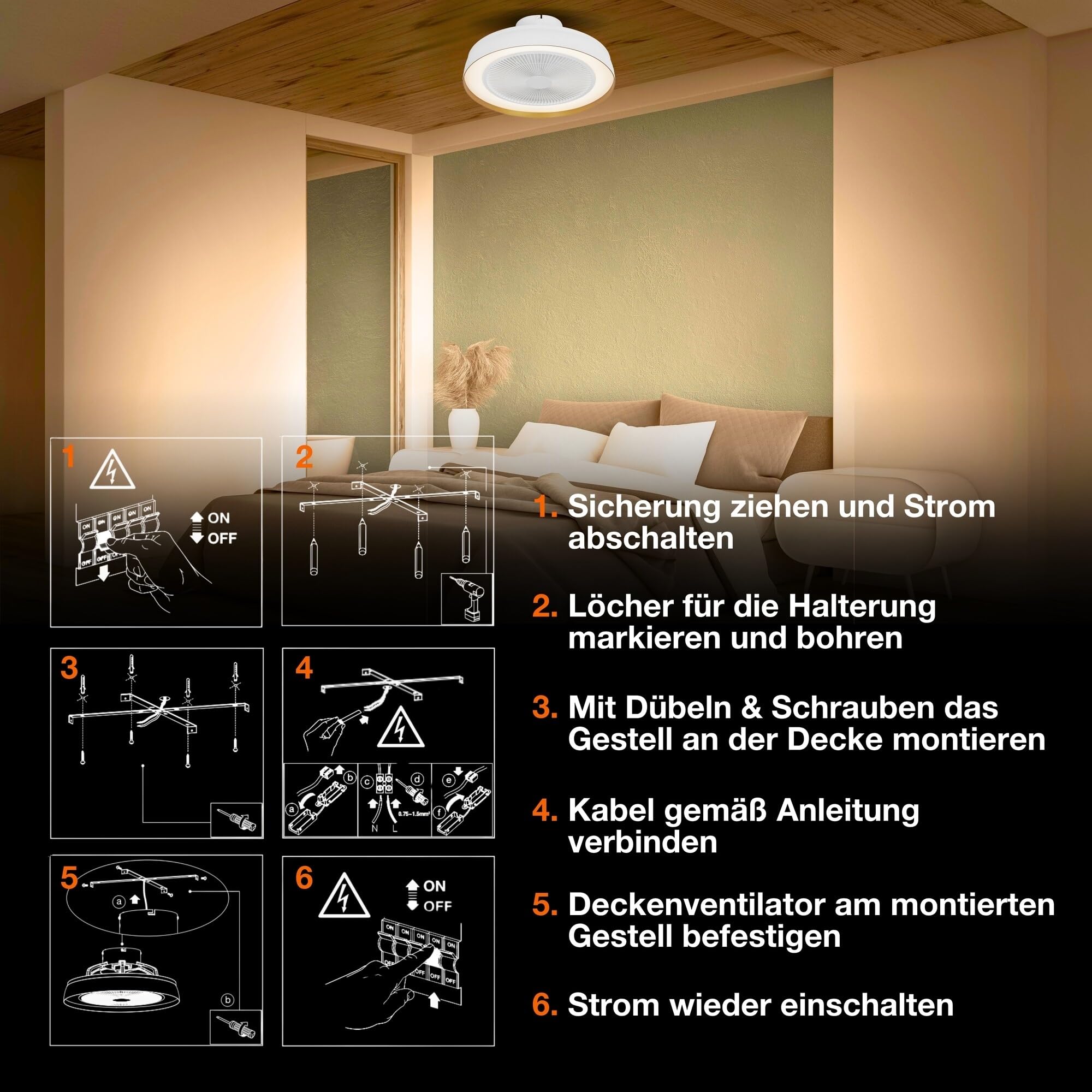 Wentylator sufitowy OSRAM 480 mm, 49 W LED ściemnialny, silnik DC 6 prędkości, zdalny timer, 1900 m³/h, 13-20 m²