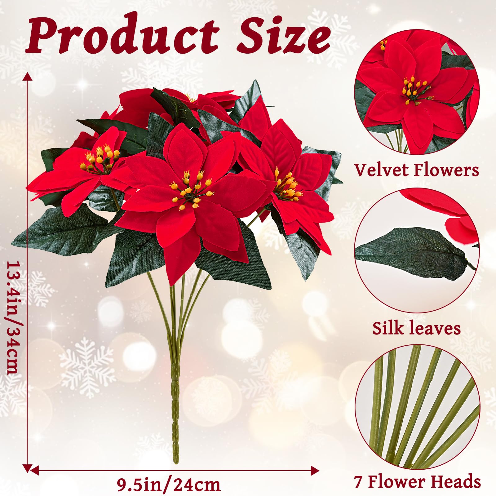 MARTINE MALL Paquete de 6 flores artificiales de Pascua con 7 cabezas, decoración de Navidad, ramo de flor de Pascua de terciopelo para árbol de Navidad, porche, hogar, jardín, decoración interior y