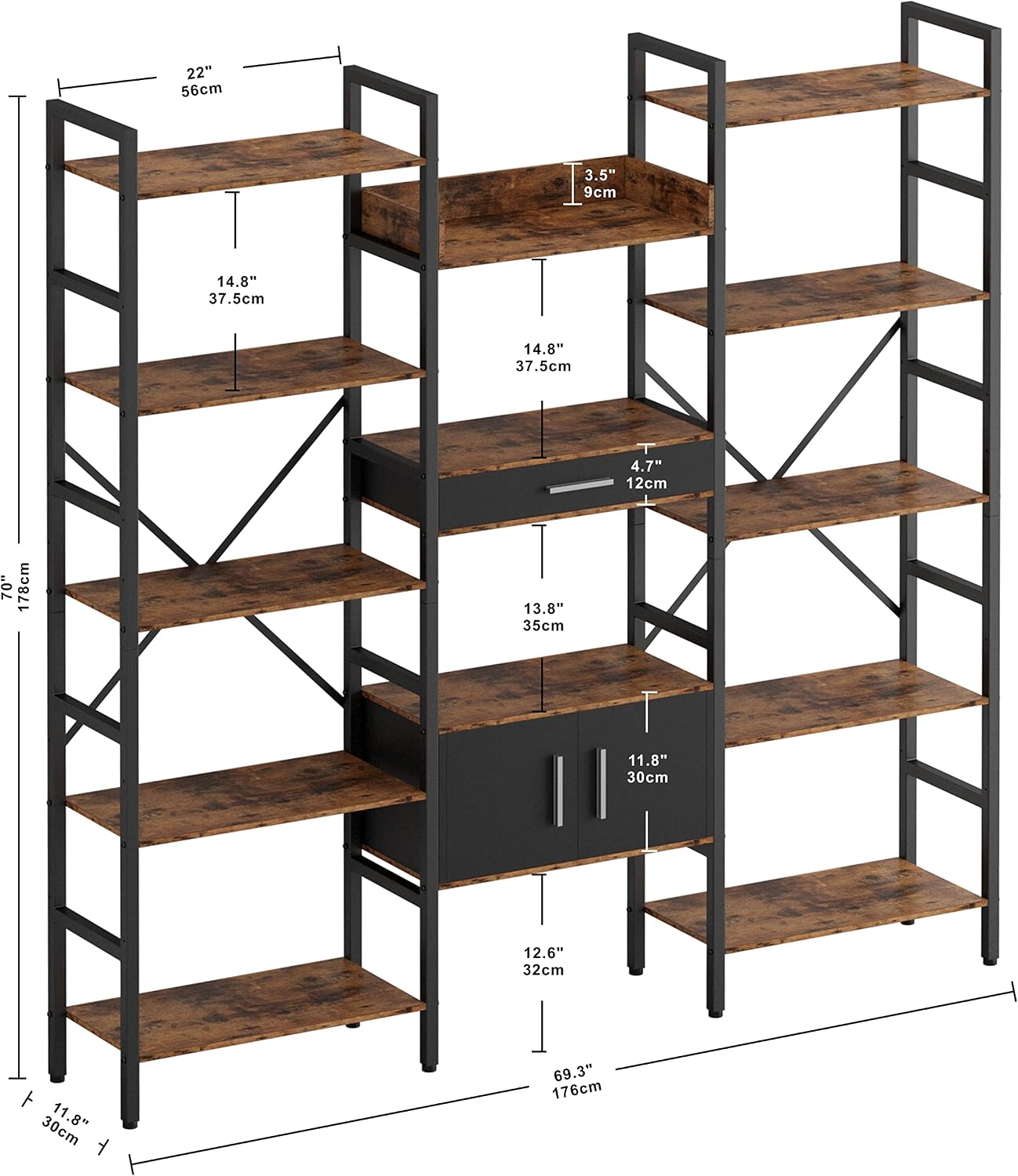 Detailed diagram showing the dimensions of the IRONCK Triple Wide 5-Tier Industrial Bookshelf.