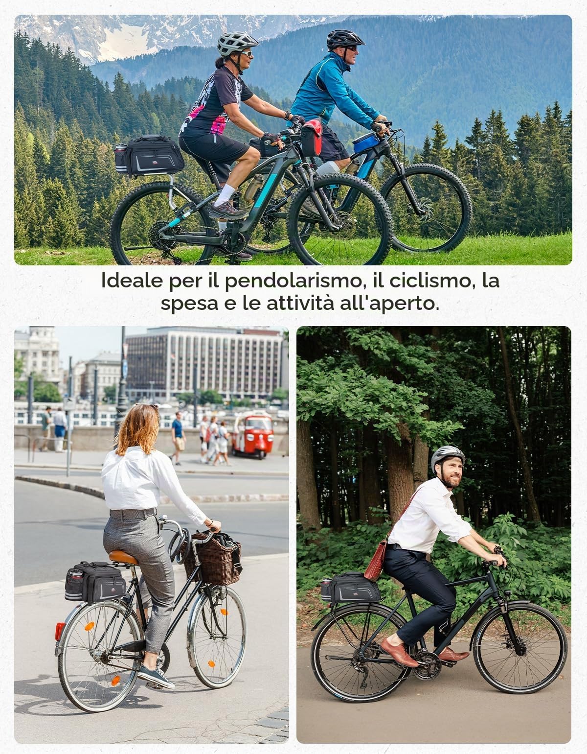 KEMIMOTO 2 IN 1 Borse per Bici, 9L-15L Borse Bici Posteriore Laterali Espandibile con Tracolla, Borsa per Bicicletta Impermeabile con Copertura Anti-Pioggia per Strada Bike Mountain Bike, Nero