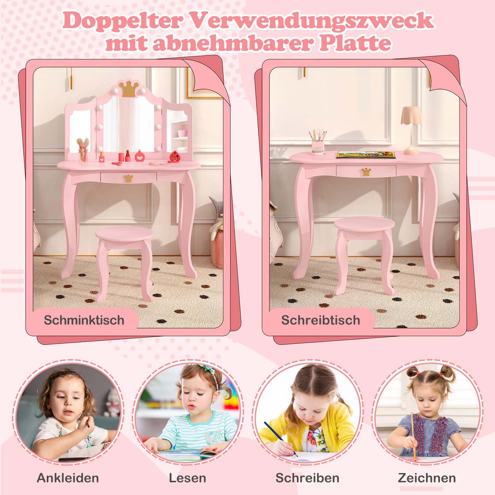 DREAMADE Schminktisch Kinder mit Hocker & Schublade, Prinzessin Frisiertisch Kosmetiktisch mit abnehmbarem Spiegel & Kippsicherung, Kinderschminktisch für Mädchen aus Holz (Rosa-mit Beleuchtung)
