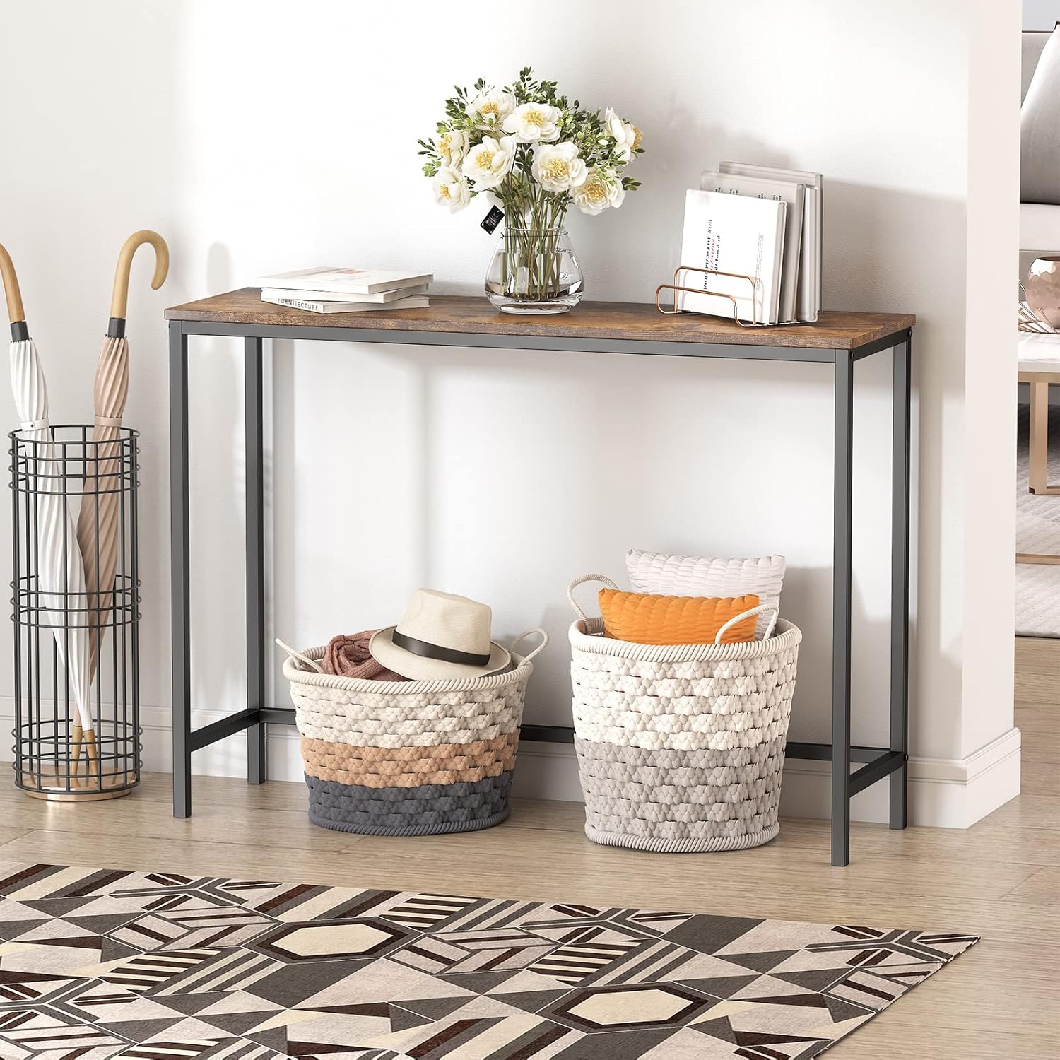 Industrial Brown Metal and Glass Console Table with Storage