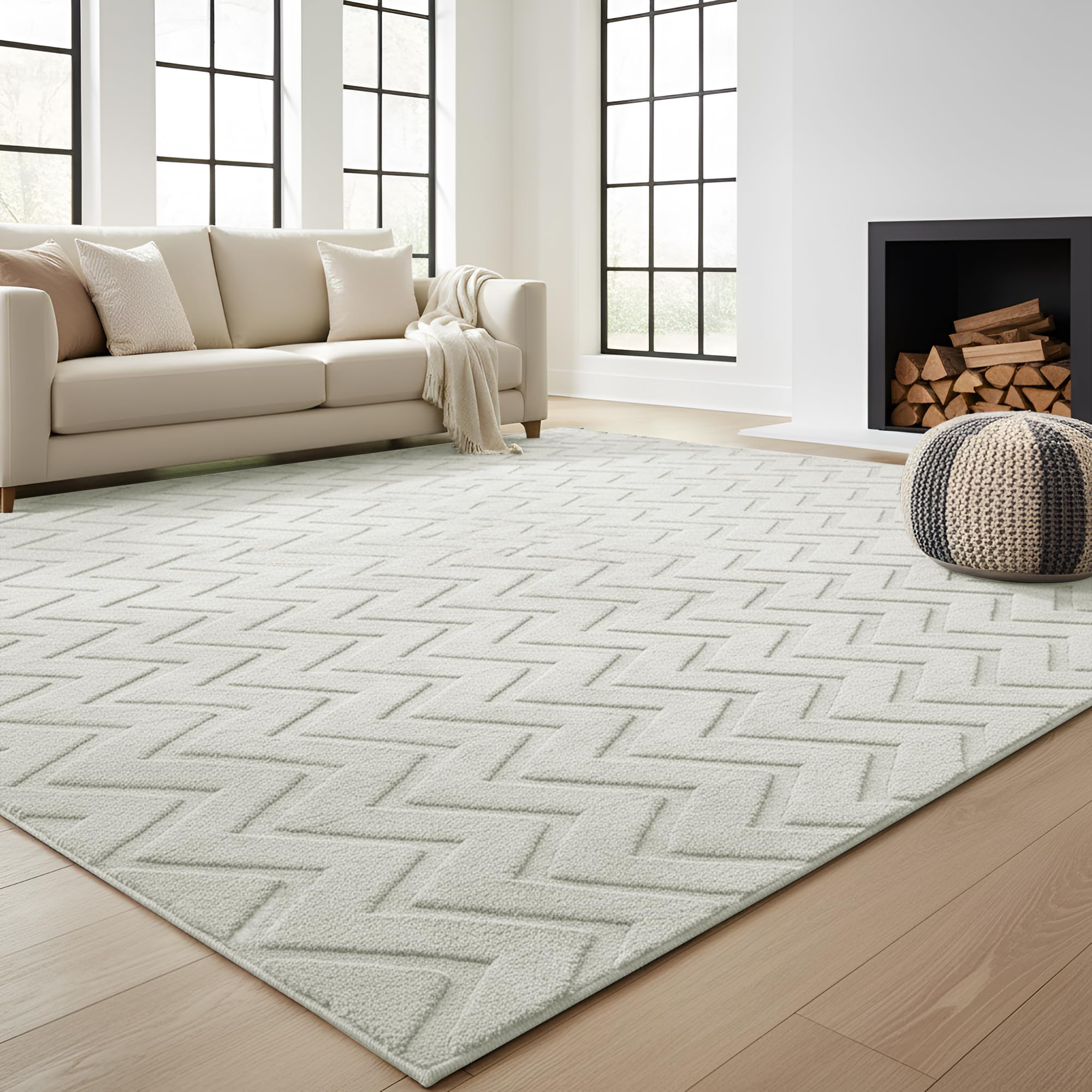 BedLooms Fluffy Rugs Living Room Bedroom Extra Large 200x290 cm Machine Washable Non-Shedding Zig Zag Pattern High and Low Pile Bedside Rug Anti Slip Floor Carpets, Cream