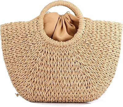 EROUGE Natural Chic Straw Bag Hand Woven Round Handle Handbags Retro Summer Beach Bag (Coyote brown)