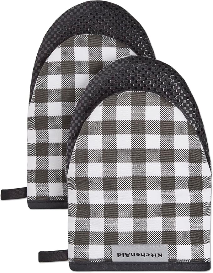 KitchenAid Gingham Mini Oven Mitt 2-Pack Set, Milkshake Tan, 5.5"x8"