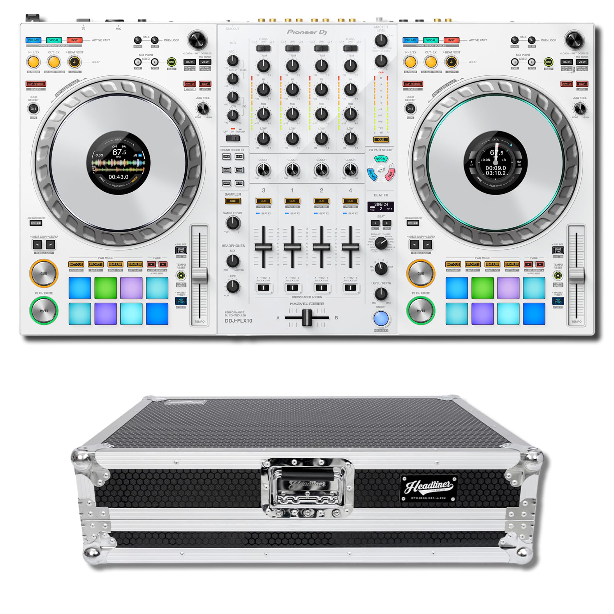 Pioneer DDJ-FLX10-W 4-Channel DJ Controller Bundle with Headliner HL10010 Flight Case and Laptop Platform — STEMS Track Separation, DMX Lighting, Dual USB-C, rekordbox and Serato