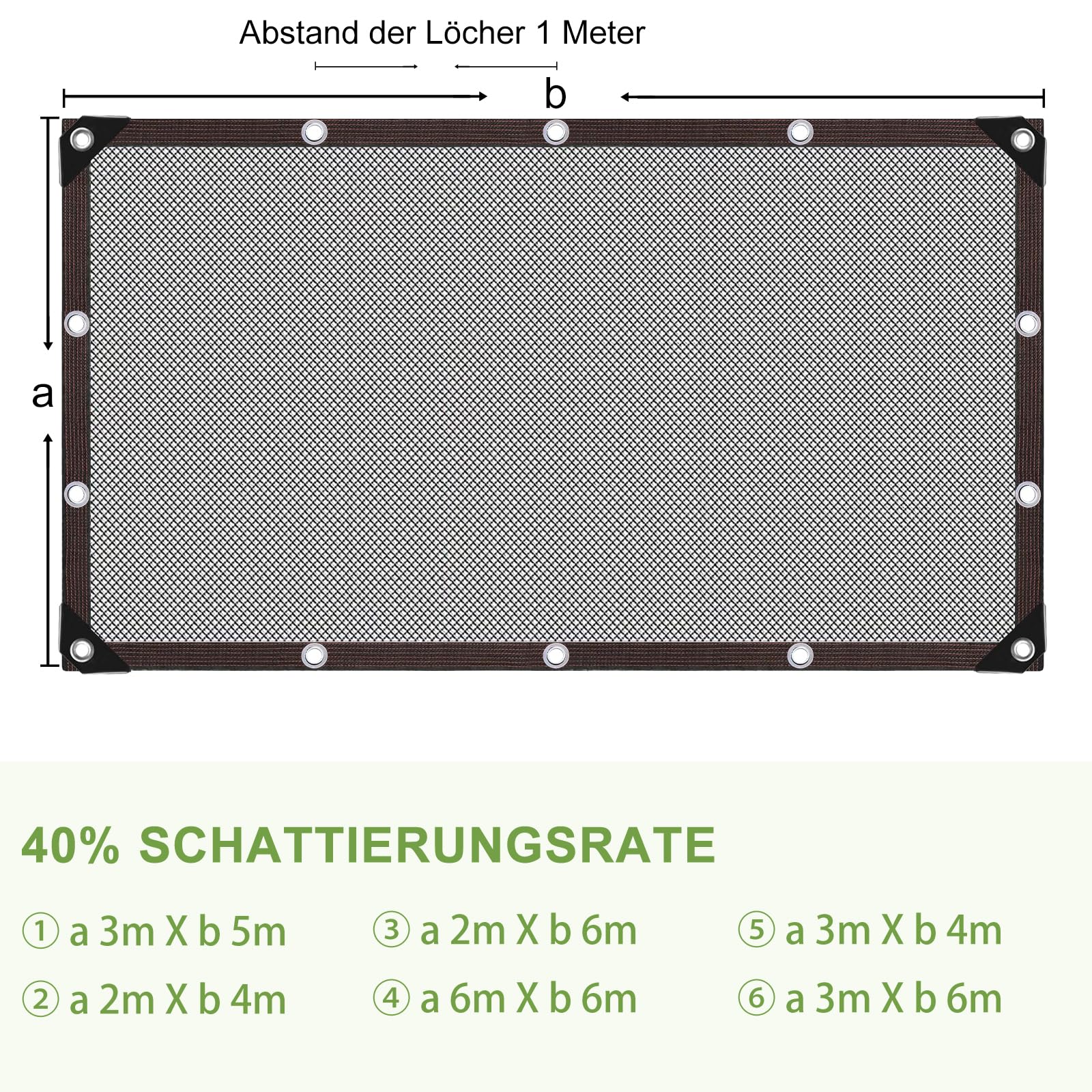 Rete di ombreggiatura 3 x 5 m, rete parasole per terrazze, giardino, 40% tenda parasole con occhielli, leggera e resistente, per balcone, pergolato, serra, giardino