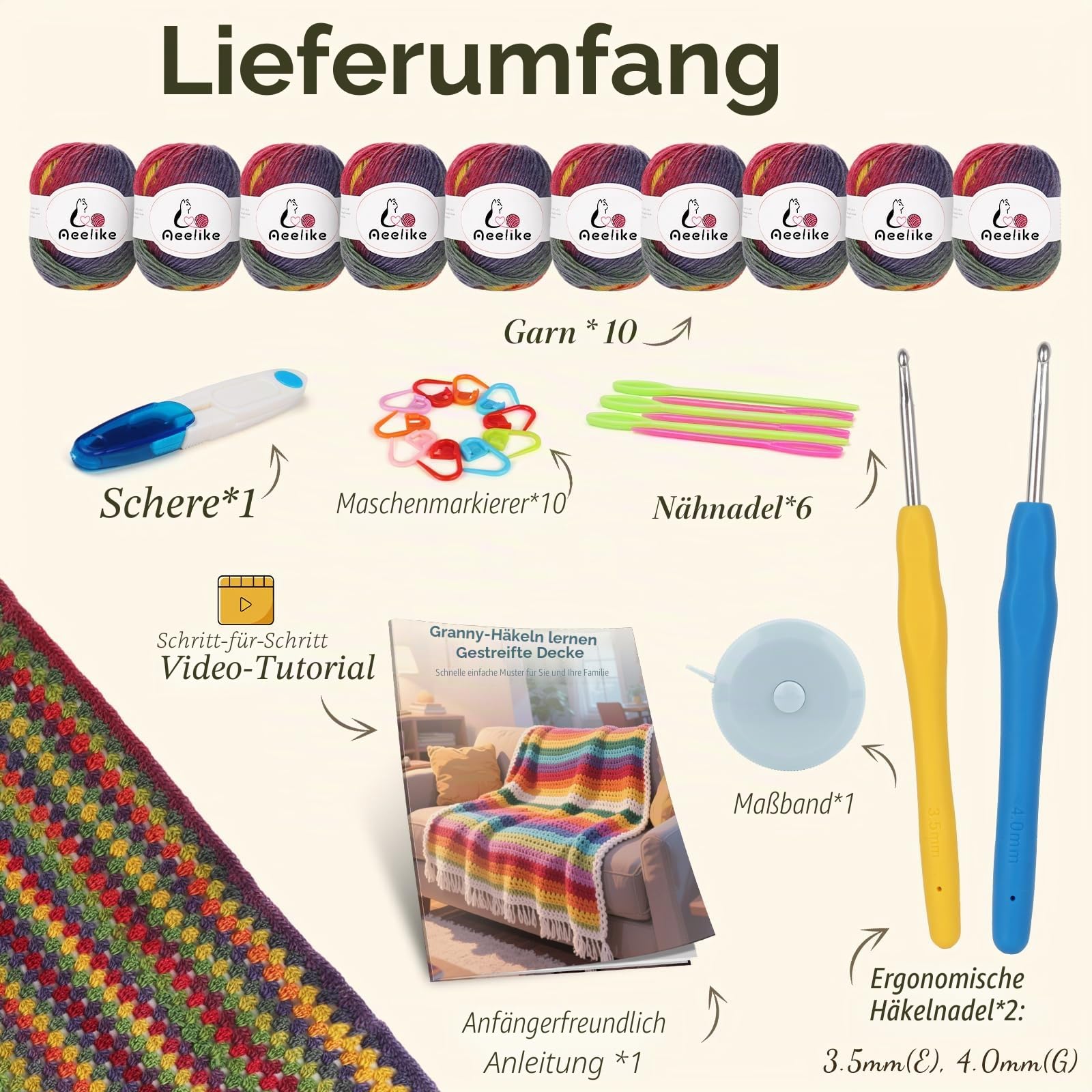 Aeelike Häkel-Decken-Set für Anfänger, Vintage-Regenbogen-Decke, Komplettes Starter-Häkelset mit ausreichend warmem Ombre-Wollgarn, Video-Anleitung, Einfache Häkeln Set für Häkel-Fans