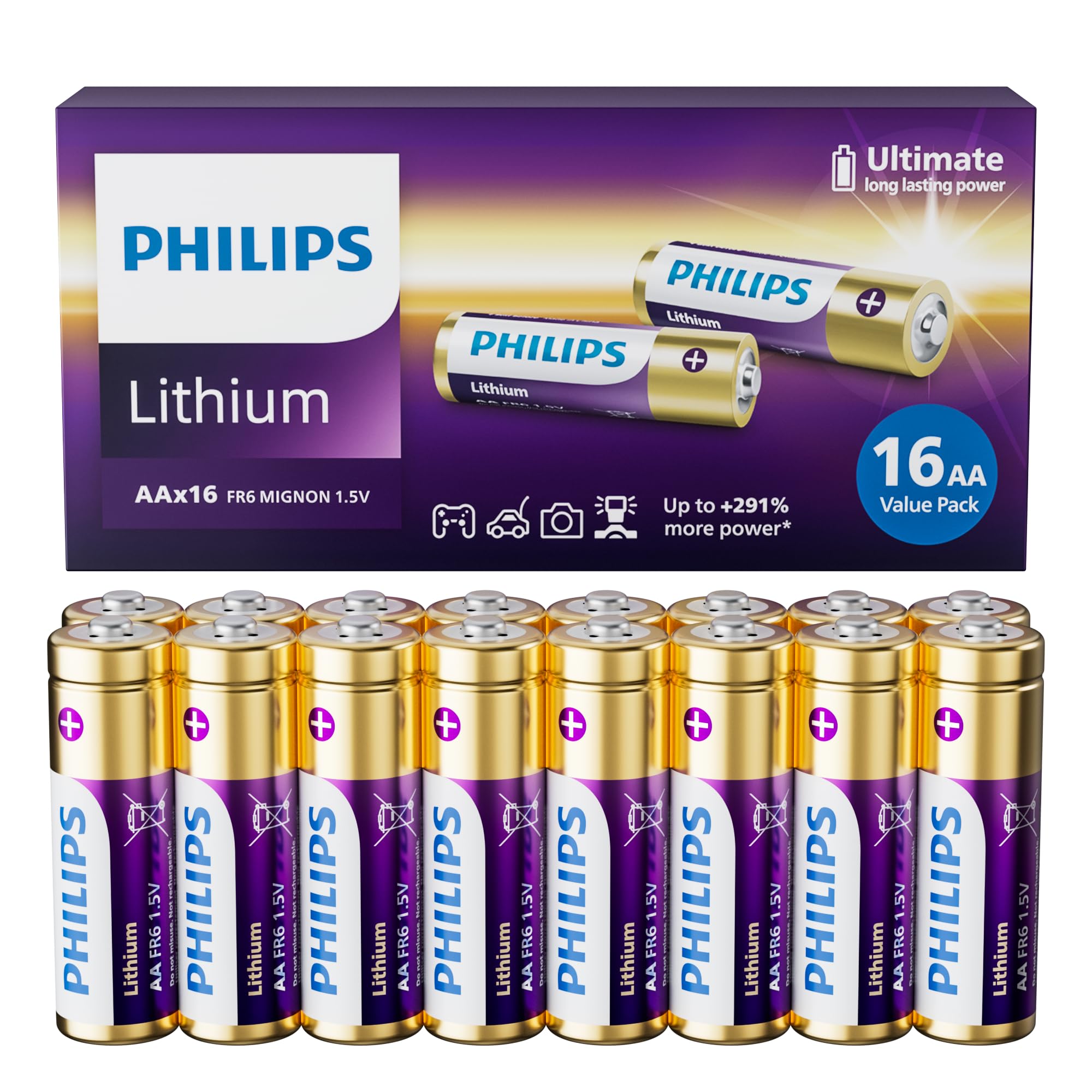 Philips AA Batteries 16 Pack 2900mAh Lithium Double A Battery 1.5V Ultra Long Lasting 2A Batteries Non-Rechargeable