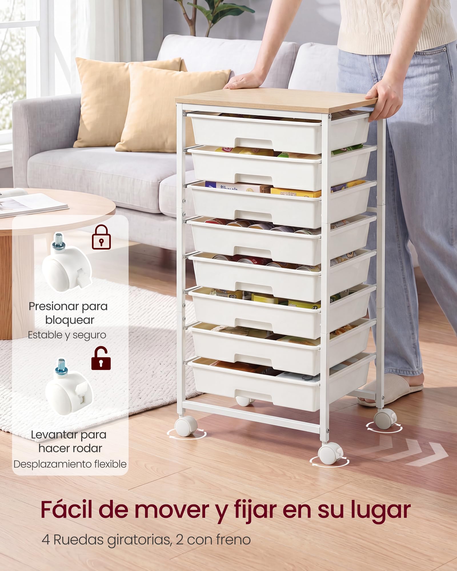VASAGLE Carrito de Almacenamiento con 8 Cajones, Organizador con Ruedas, Carrito Auxiliar con Tablero de Madera, 39,5 x 28,5 x 76.5 cm, para Oficina, Salón, Blanco, Colección BENCO LRC006W101