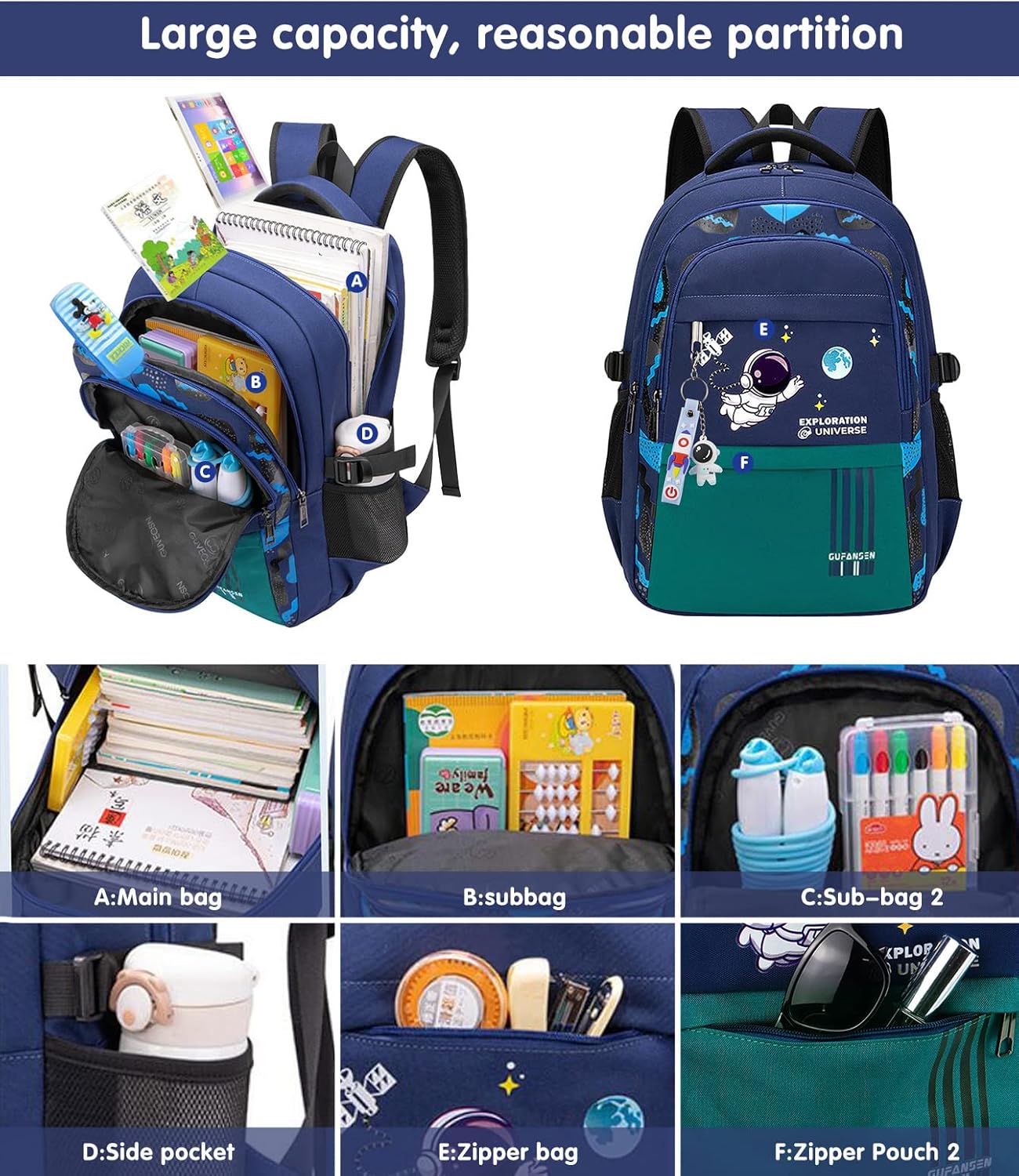 MCWTH Astronaut Backpack for Boys Teens, Large Capacity School Bag Bookbag for Kids Elementary Middle (Blue Cyan) - Image 3