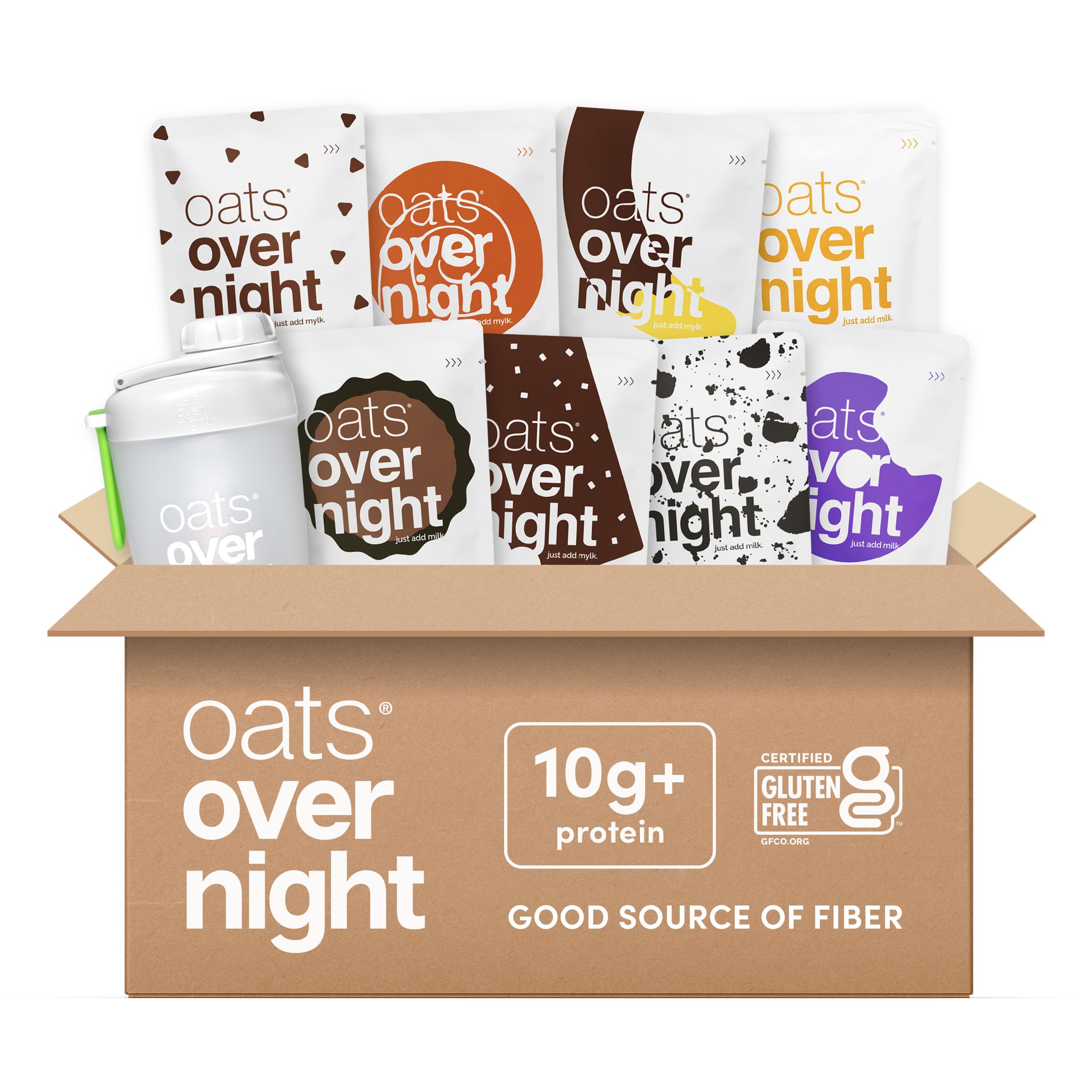 Oats Overnight Dessert Variety Pack - High Protein, High Fiber Breakfast Protein Shake - Gluten Free, Non GMO Protein Oatmeal - Salted Toffee, Chocolate Satin Pie & More (8 Pack + Shaker Bottle)