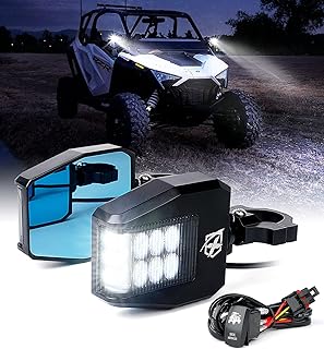 Xprite Aluminium UTV Side Rear View Mirrors Fit All 1.6-2 Inch Roll Bar Cage, Blue Anti-Glare Mirrors and Smoke Lens LED Spot Light for UTV ATV Can am Maverick X3 Polaris RZR XP 1000 Yamaha