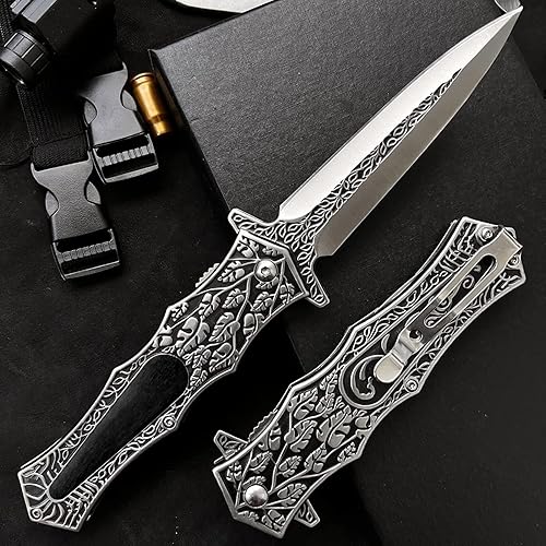 Miniatura 4 de NAXFUSS Navaja de bolsillo japonesa táctica para acampar con mango de madera con patrón de hojas cuchillo plegable de supervivencia de caza EDC de