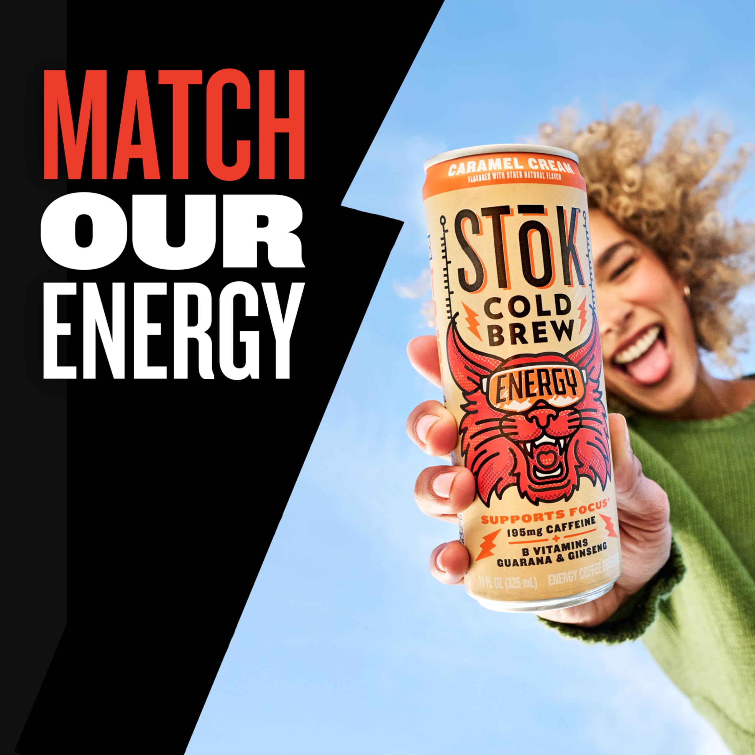 SToK Cold Brew Energy Caramel Cream, Ready to Drink Canned Coffee with 195mg Caffeine to Help Support Focus, B Vitamins, Guarana and Ginseng, 11 fl oz