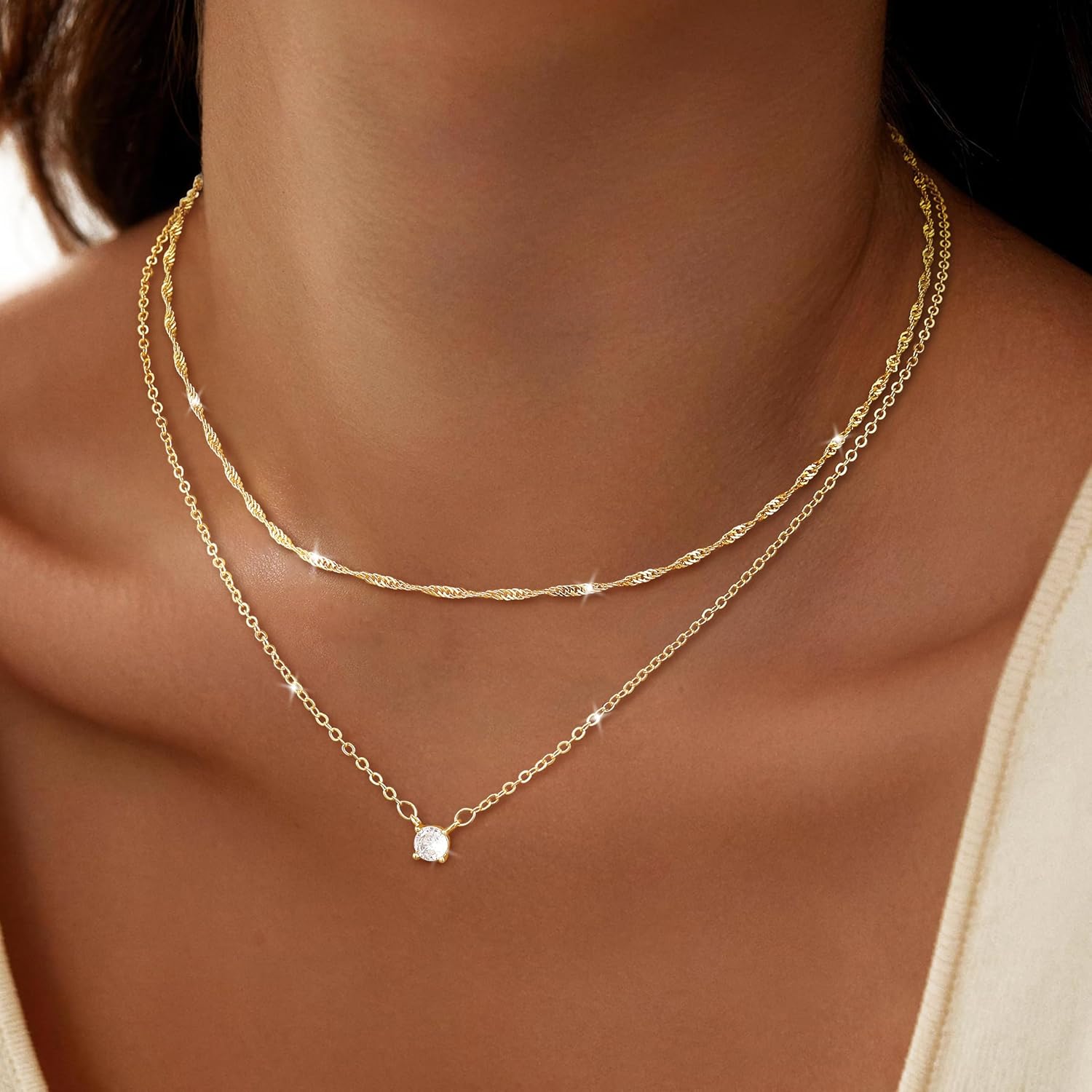 Bykuvo Dainty 14K Gold Plated/Silver Cubic Zirconia Diamond Necklaces for Women,Simple CZ Layered Gold Silver Necklaces Stack Trendy Jewelry Gifts - Image 4
