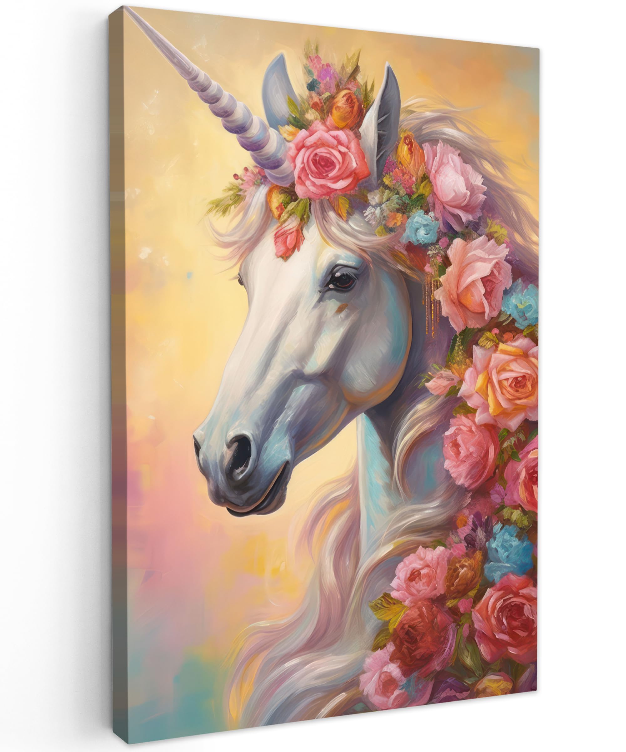 MuchoWow© Canvas Wall Art 31"x47" / 80x120 cm Decor Prints for Living Room Decorative Canvases Hall Artwork Unicorn - Roses - Horse - Flowers — image 1
