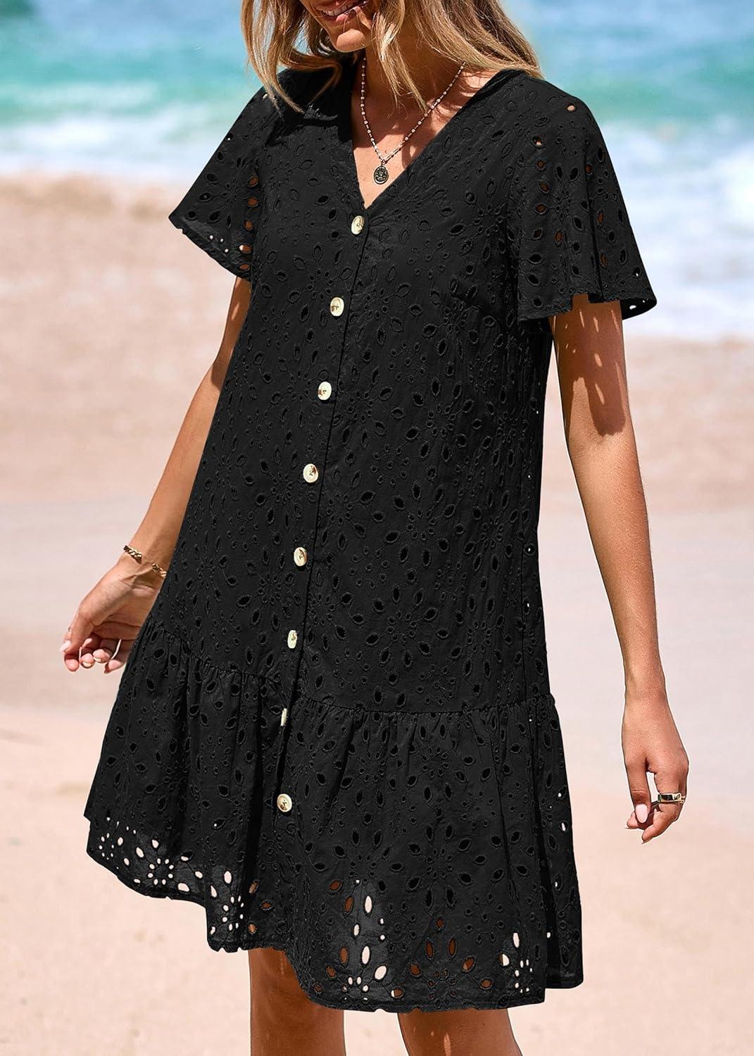 KIRUNDO Eyelet Dresses for Women 2026 Spring Summer Short Sleeve Button Down Loose Mini Babydoll Dress Beach Vacation Clothes - Image 7