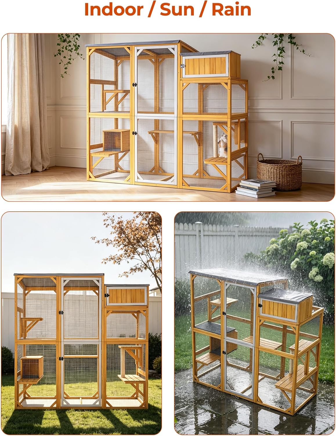 Wooden Catio Outdoor Cat Enclosure Large Walk-in Cat House with 5 Multi-Level Platforms, Scratching Post, Resting Den & External Storage, Removable Waterproof UV-Protection Roof (Yellow)
