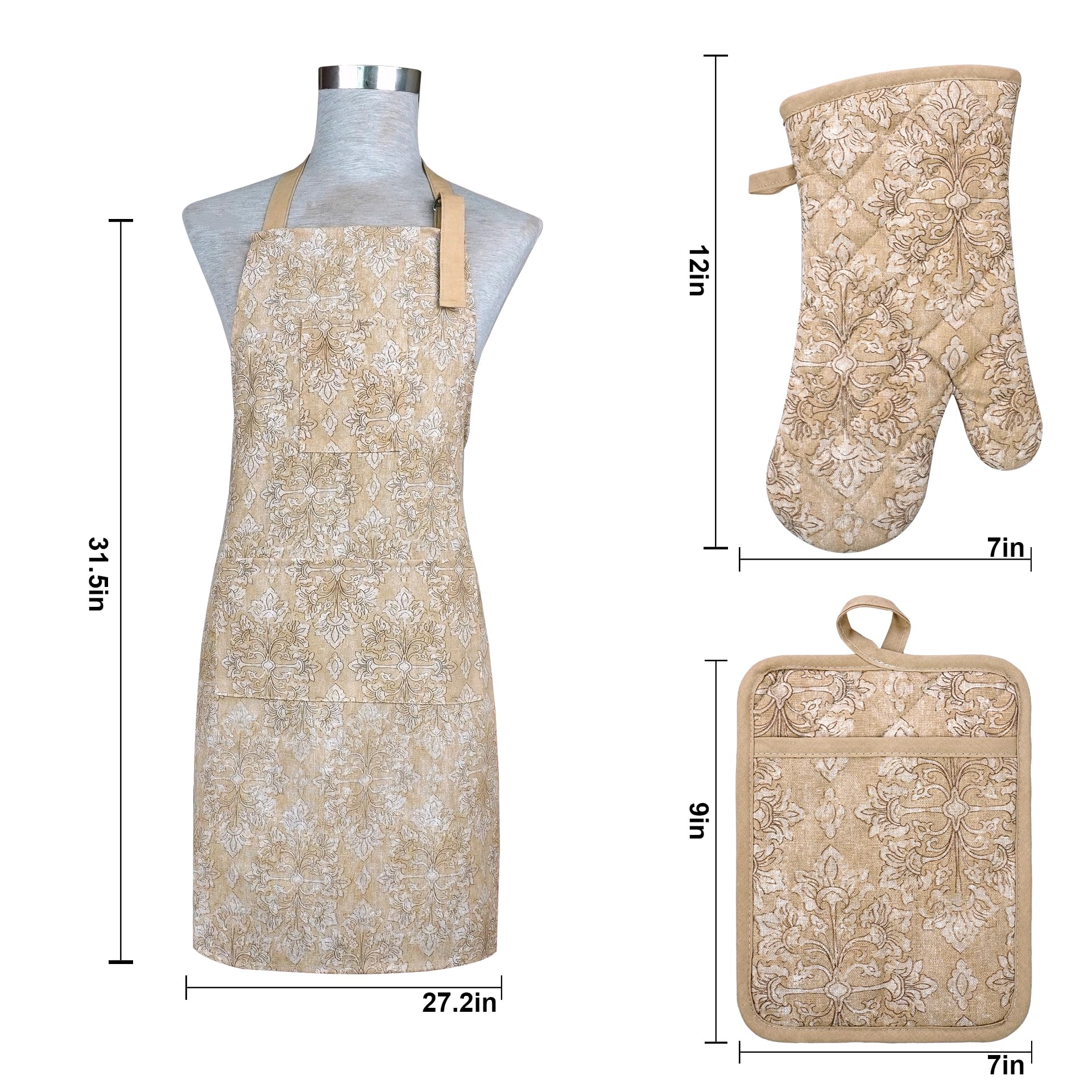 Juego de 5 manoplas de horno y soportes para ollas con delantal de cocina, guantes de cocina resistentes al calor y agarraderas antideslizantes de silicona, delantal de chef con hebilla ajustable para
