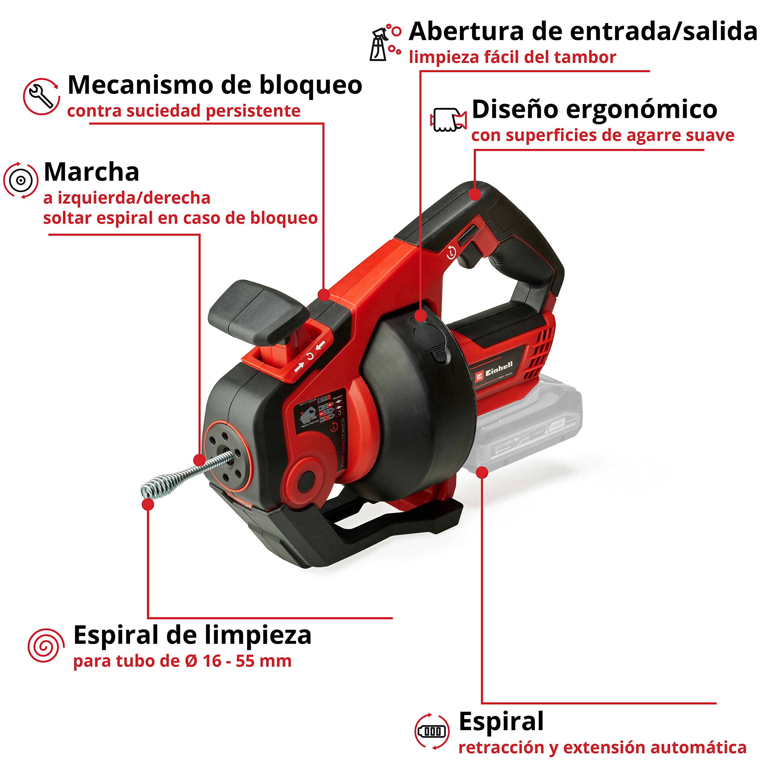 Einhell Limpiador de tubos con batería TE-DA 18/760 Li-Solo PXC (18 V, iones de Li, espiral de limpieza de 7,6 m, adecuado para diámetro de tubo de 16-55 mm, envío sin batería ni cargador)