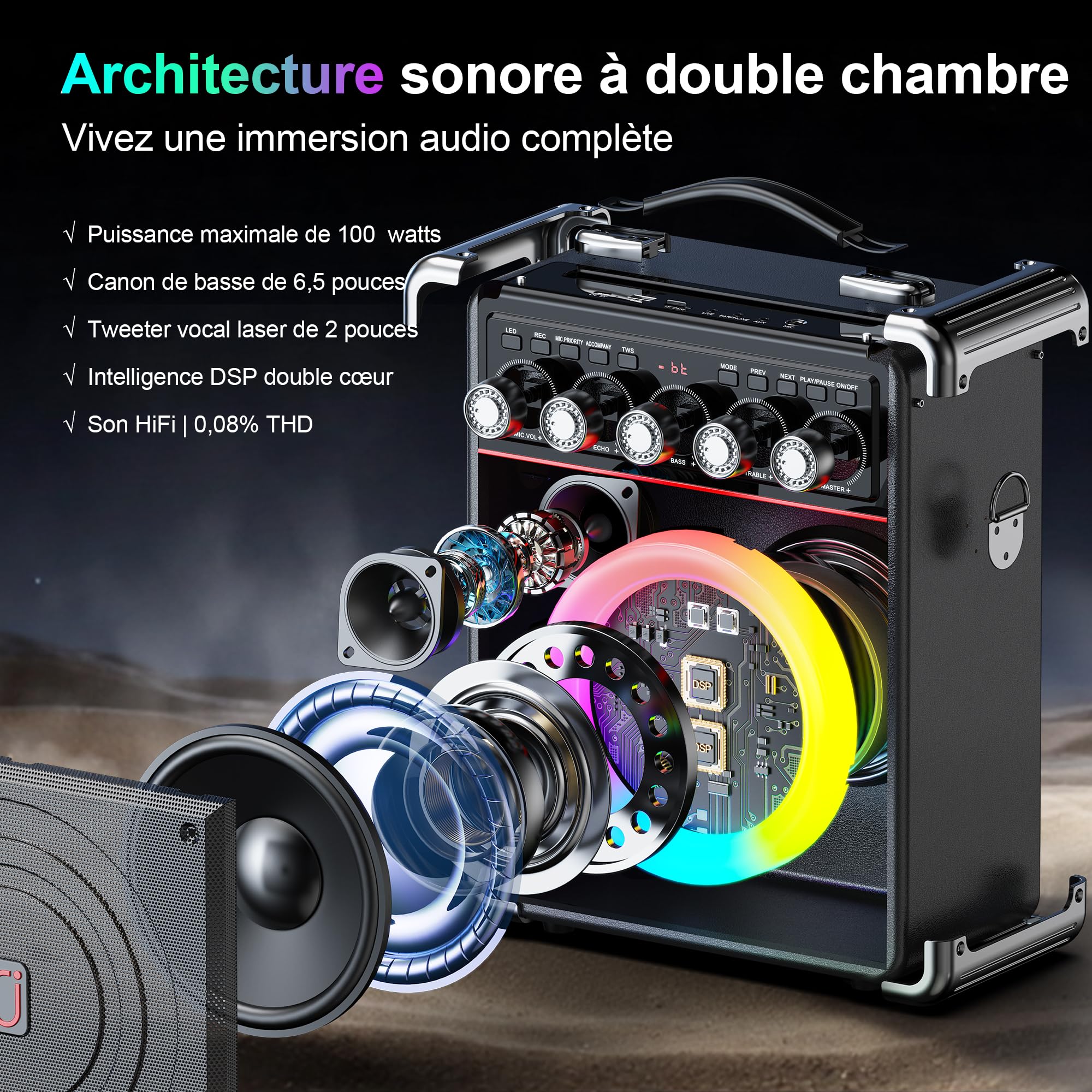 JYX Enceinte Karaoke 2 Micro sans Fil, 100W Puissance Karaoké Professionnel, Autonomie 24h, Processeur DSP Bicœur Karaoke Adulte et Enfant, Réglage Basse/aigu, Compatible TF/USB/AUX/TWS