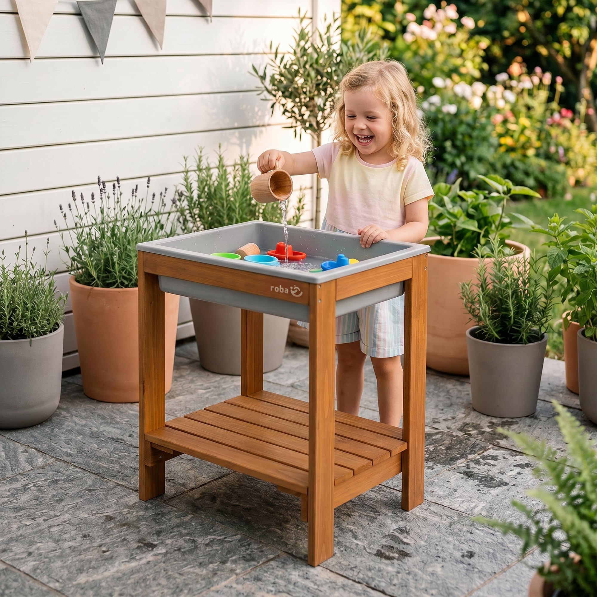 roba table de jeu d’extérieur « Tiny » avec bac de jeu – table à sable et à boue résistante aux intempéries en bois massif – mobilier de jardin pour enfants – à partir de 18 mois – couleur teck
