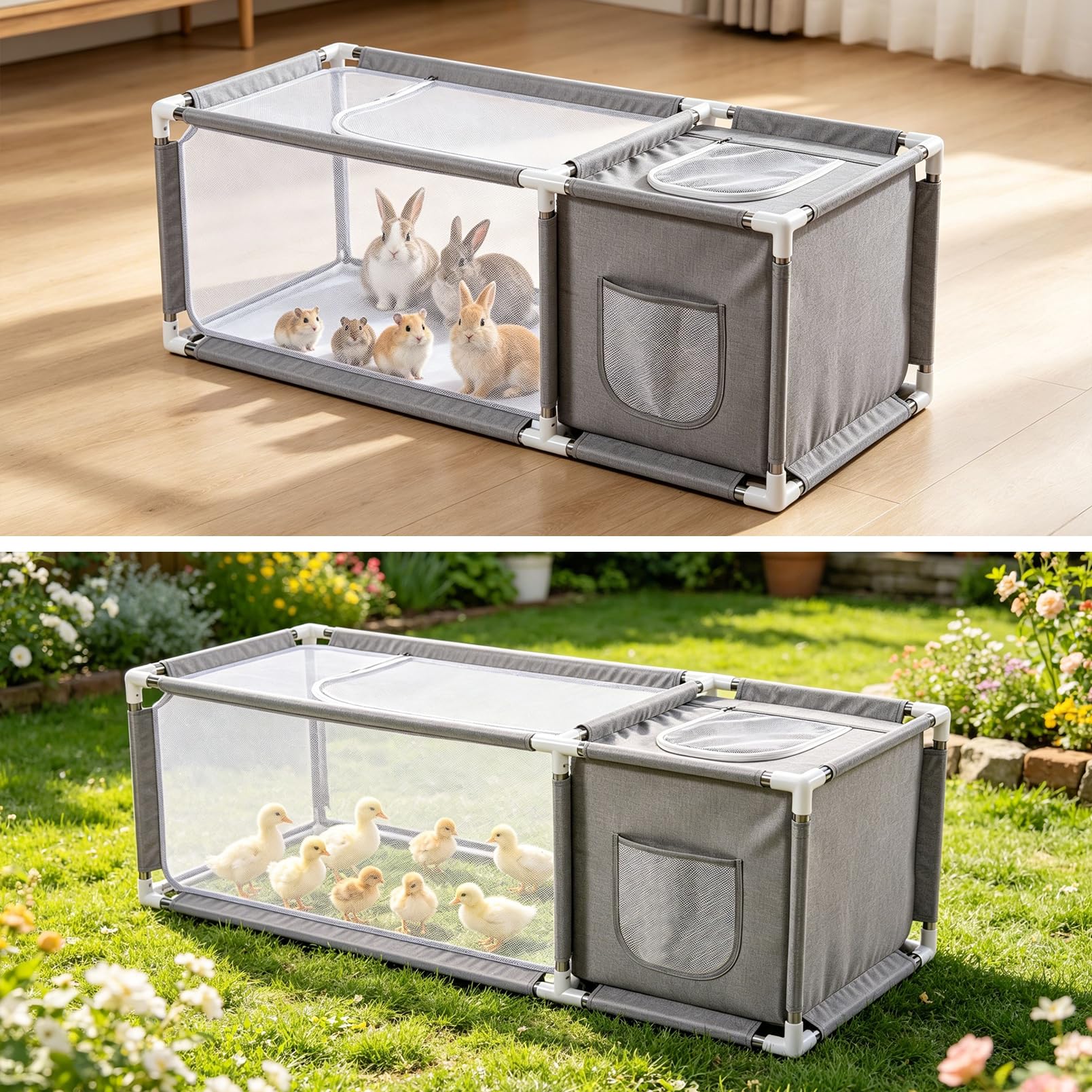 Enclos pour petits animaux, avec couvercle supérieur et doublure imperméable au sol, il dispose d'une zone visible et d'une zone cachée et est donc également adapté aux petits animaux domestiques, 133